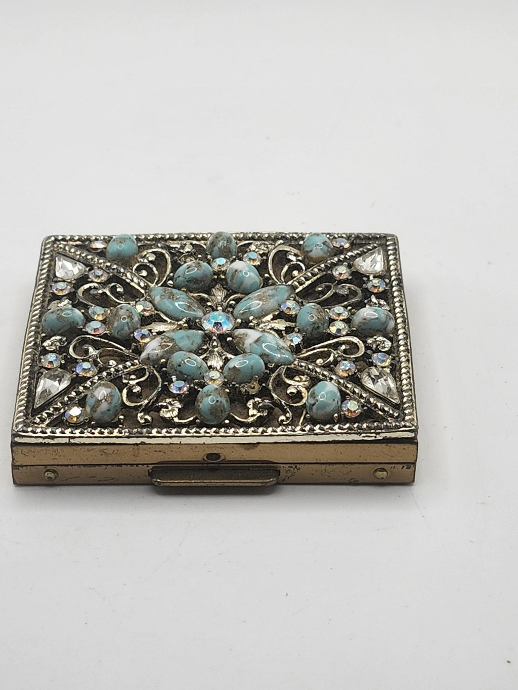 Vintage S F Co 5th Avenue Jeweled Powder Compact Turquoise Rhinestones Metal