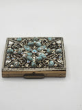 Vintage S F Co 5th Avenue Jeweled Powder Compact Turquoise Rhinestones Metal