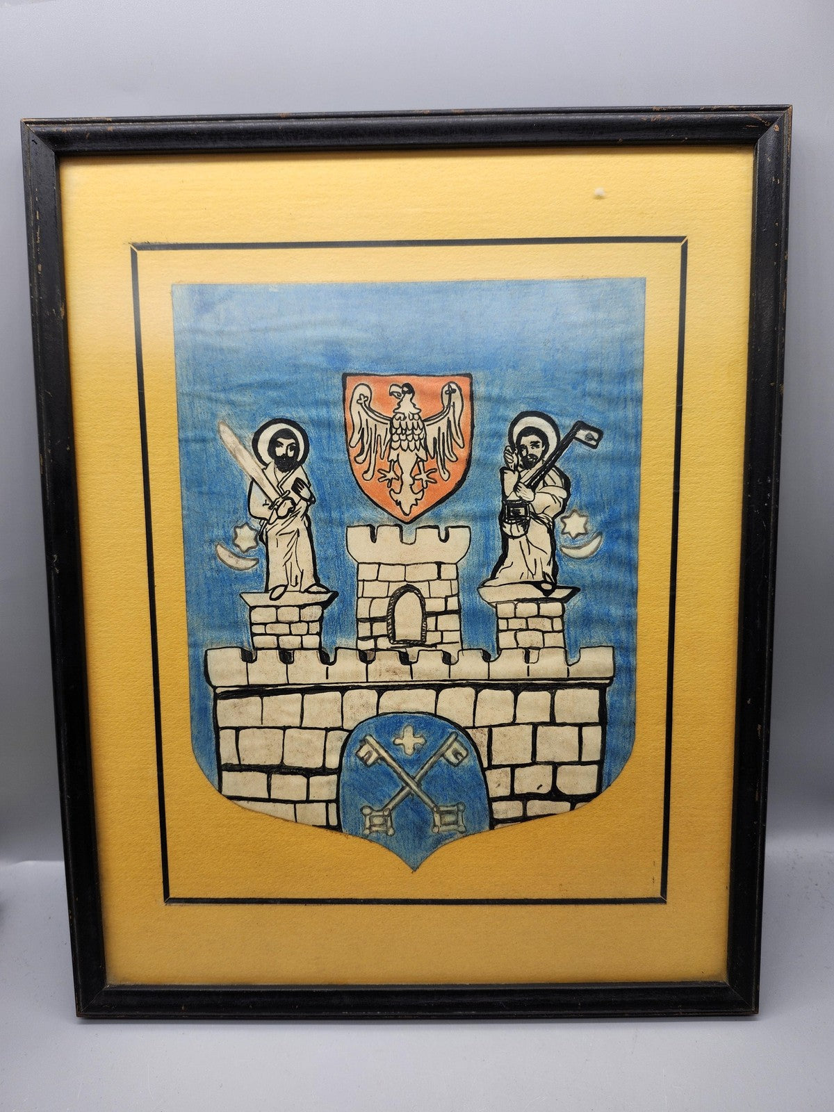 Vintage Blue Heraldic Coat Of Arms Castle Saints Watercolor Painting Framed