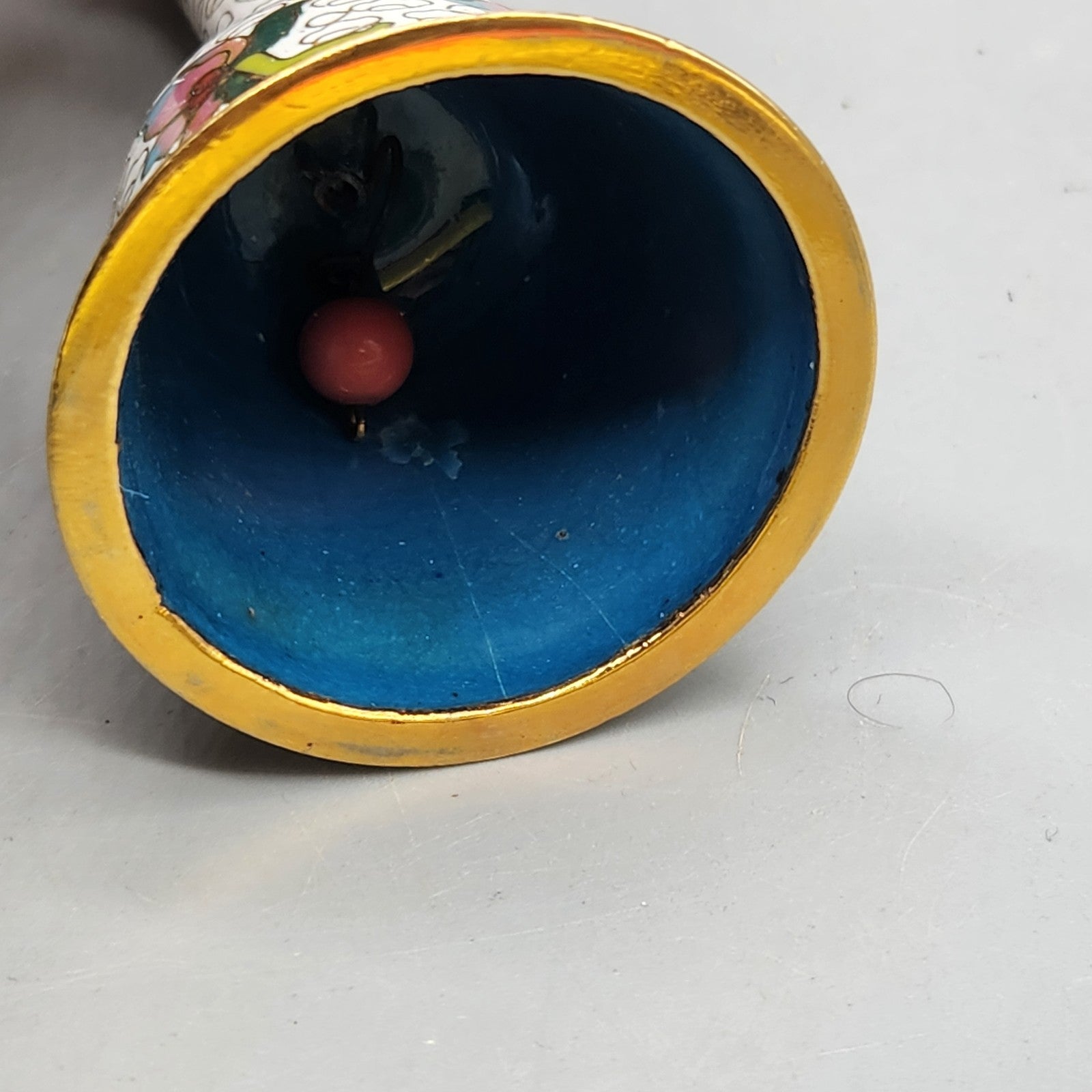 Vintage Cloisonné Enamel Bell Floral Design Decorative Brass Hand Bell 4"