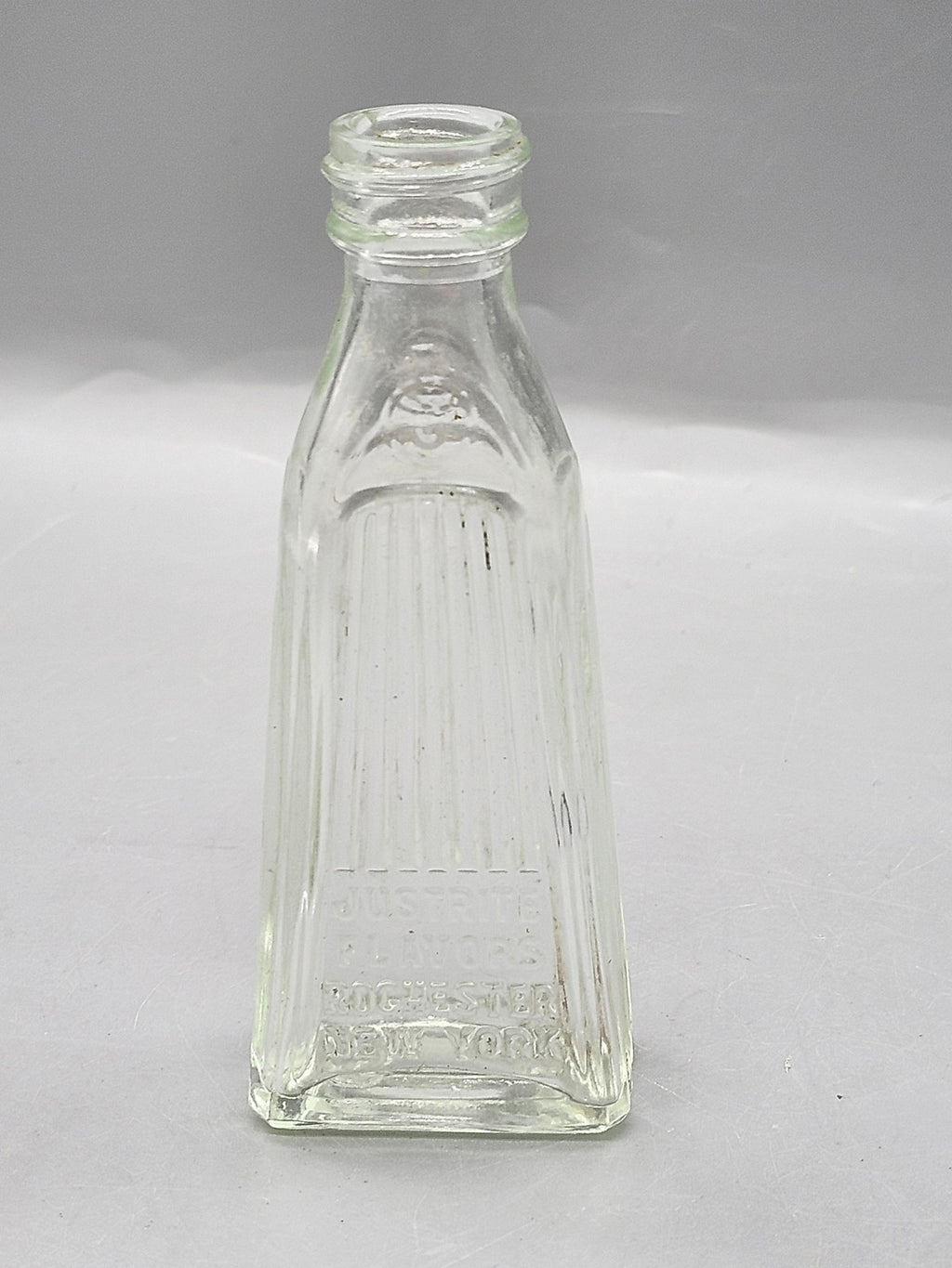 Vintage Justrite Flavors Embossed Clear Glass Bottle Rochester New York Food
