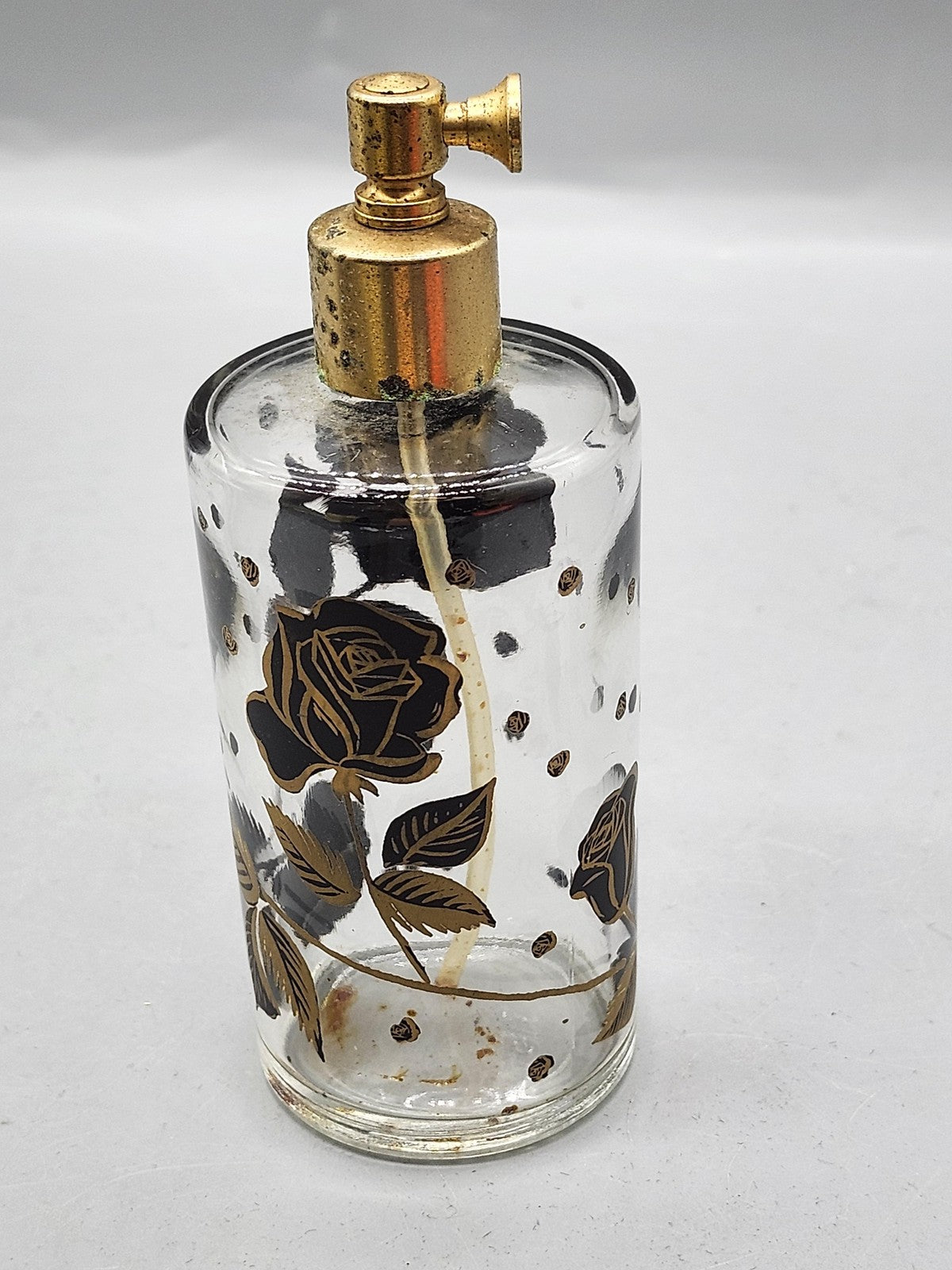 Vintage Unmarked Glass Perfume Atomizer Bottle Black Gold Rose Vanity Decor