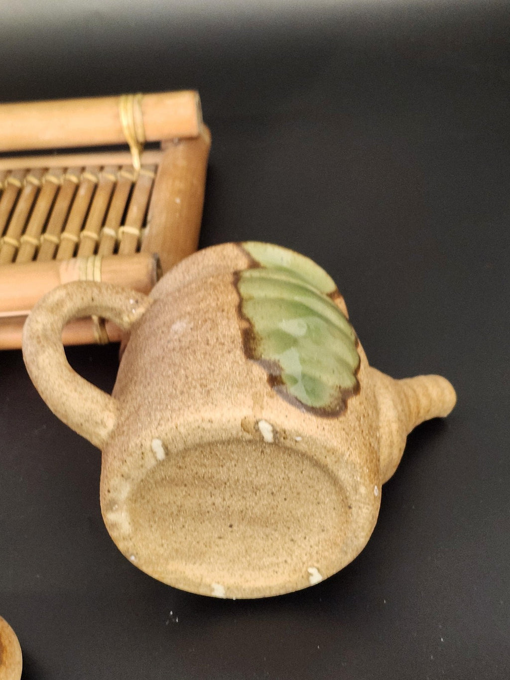 Stoneware Japanese Tea Set Brown Green Glaze Bamboo Tray Small Table Decor