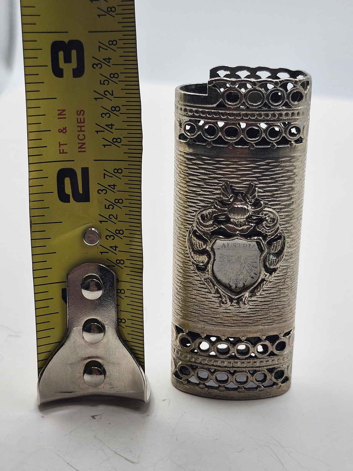 Vintage Austria Crest Lighter Case Silver Tone Metal Filigree Souvenir Decor