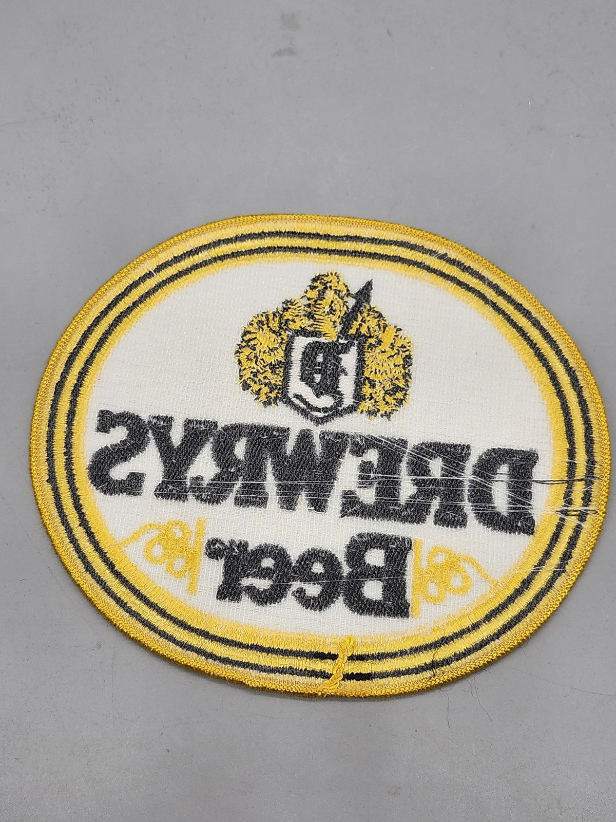 Vintage Drewrys Beer Oval Patch White Yellow Black Embroidered Breweriana Decor
