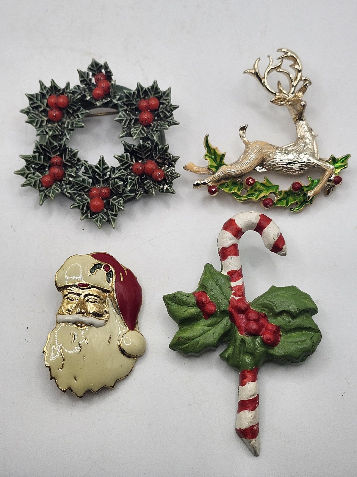 Christmas Brooch Pin Lot Enamel Wreath Reindeer Santa Candy Cane Holiday 4 Set