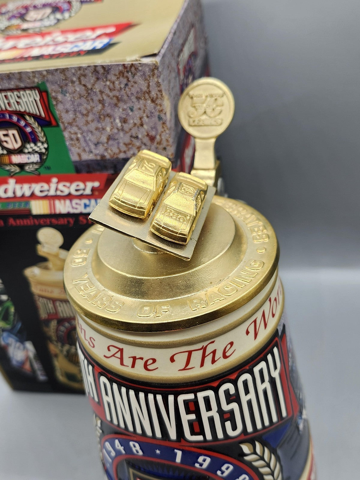 Vintage Budweiser NASCAR 50th Anniversary Lidded Stein Ceramarte Brazil
