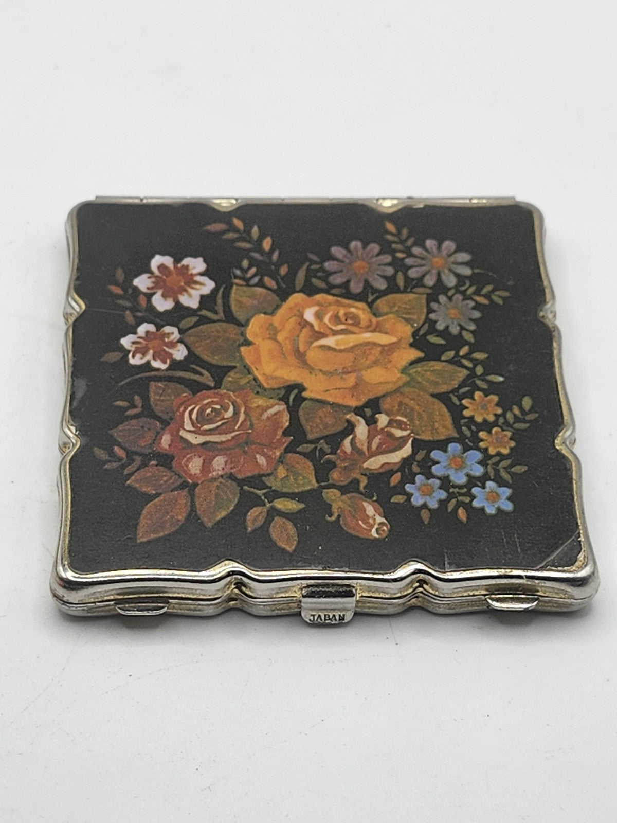 Vintage Japan Floral Compact Mirror Black Roses Gold Tone Makeup Purse Decor