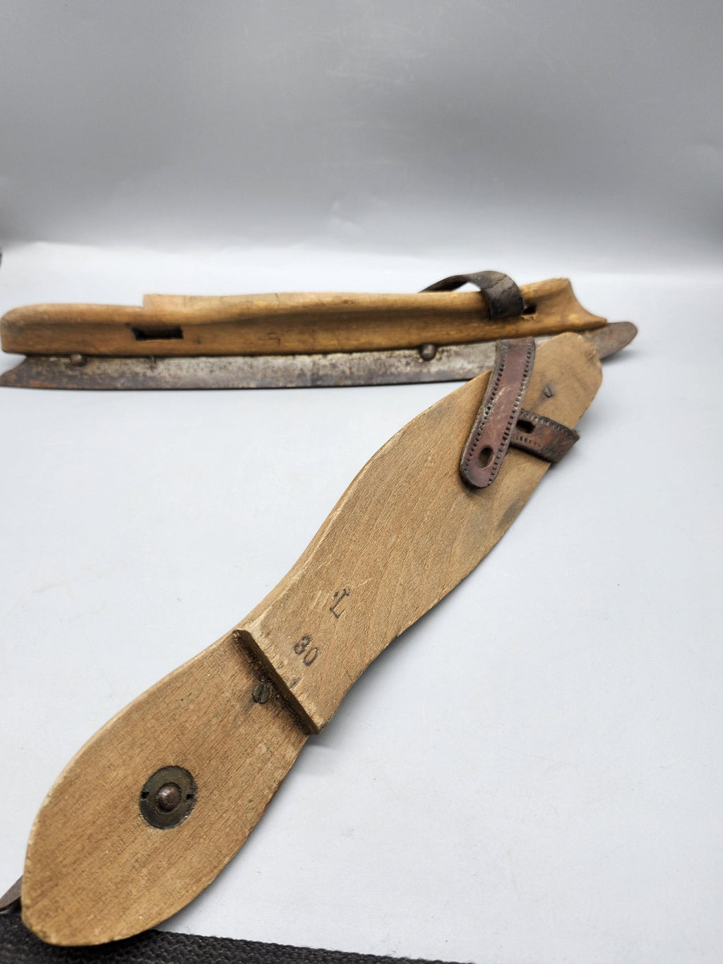 Vintage Wooden Ice Skates Adjustable Brown Leather Strap On Blades Rustic