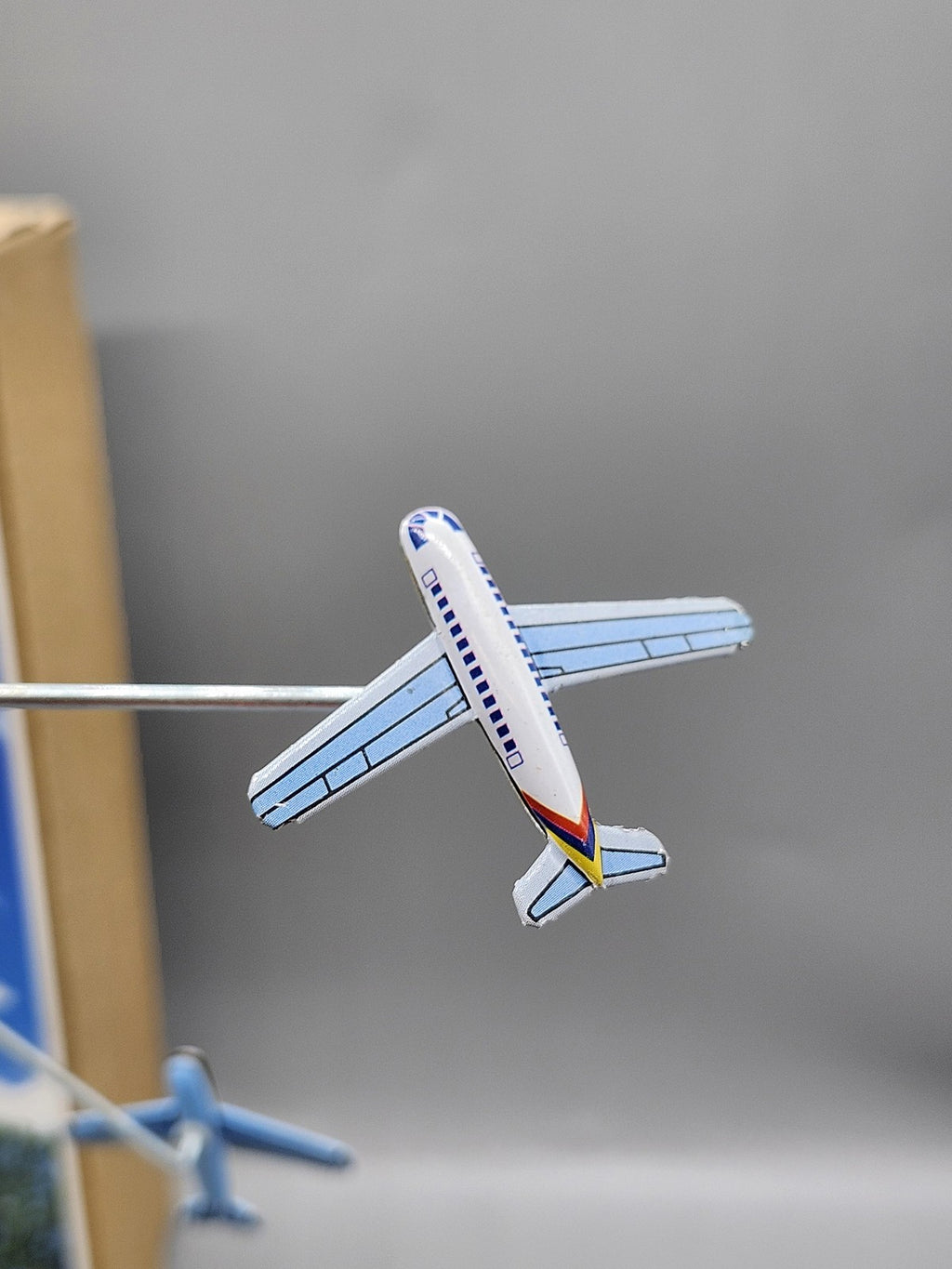 Airport Control Tower Wind Up Tin Toy Airplane Playset Blue Yellow Boxed MS 469