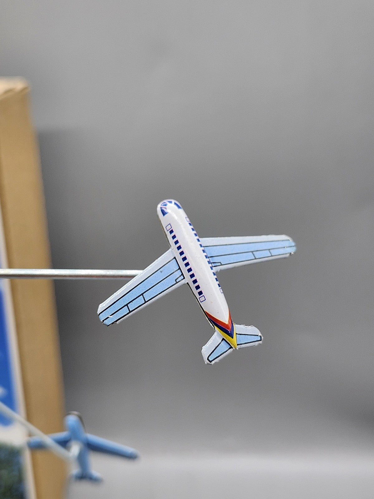 Airport Control Tower Wind Up Tin Toy Airplane Playset Blue Yellow Boxed MS 469