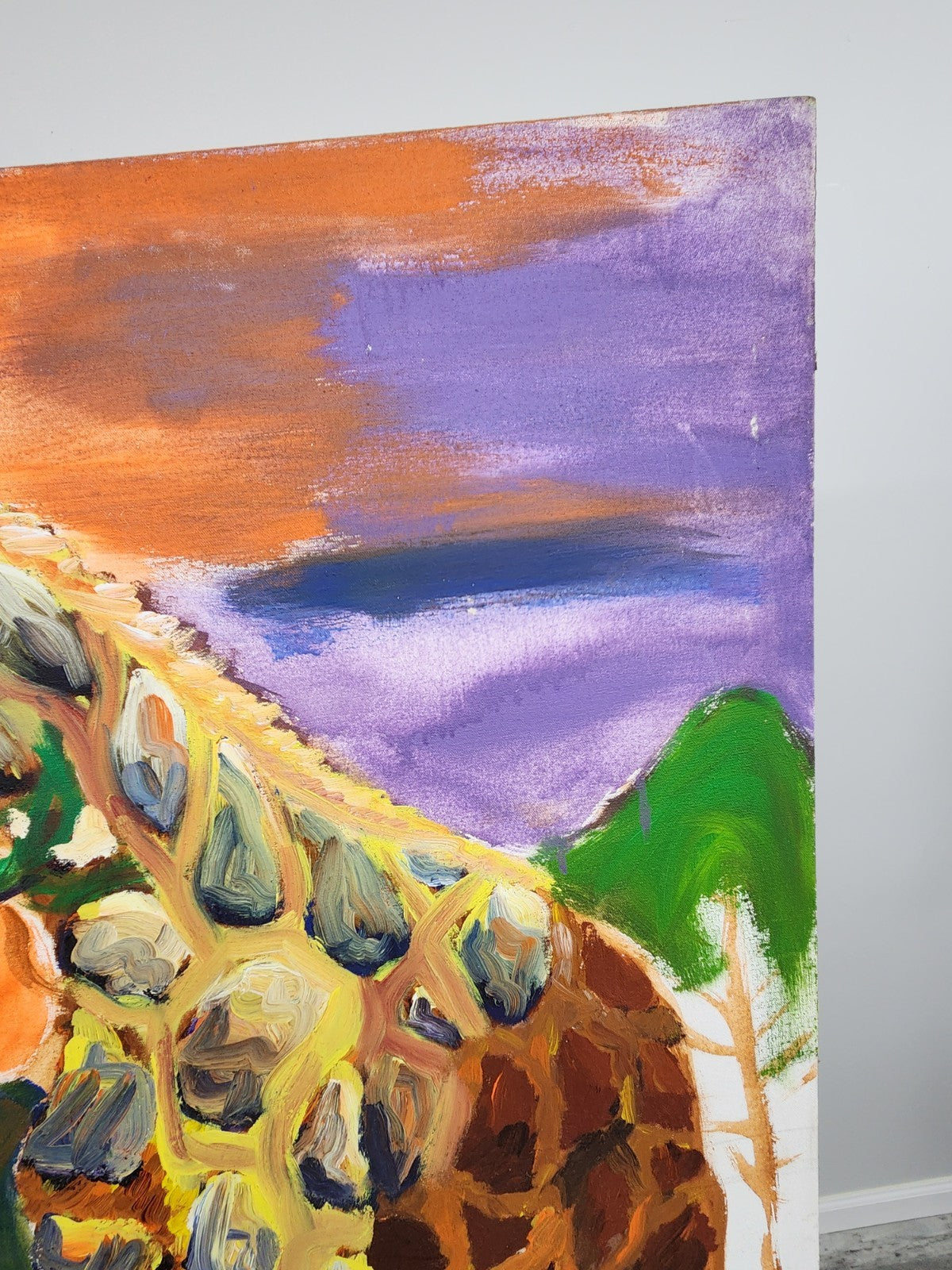 Vintage Unfinished Original Giraffe Acrylic Painting on Canvas 44x38 Abstract...