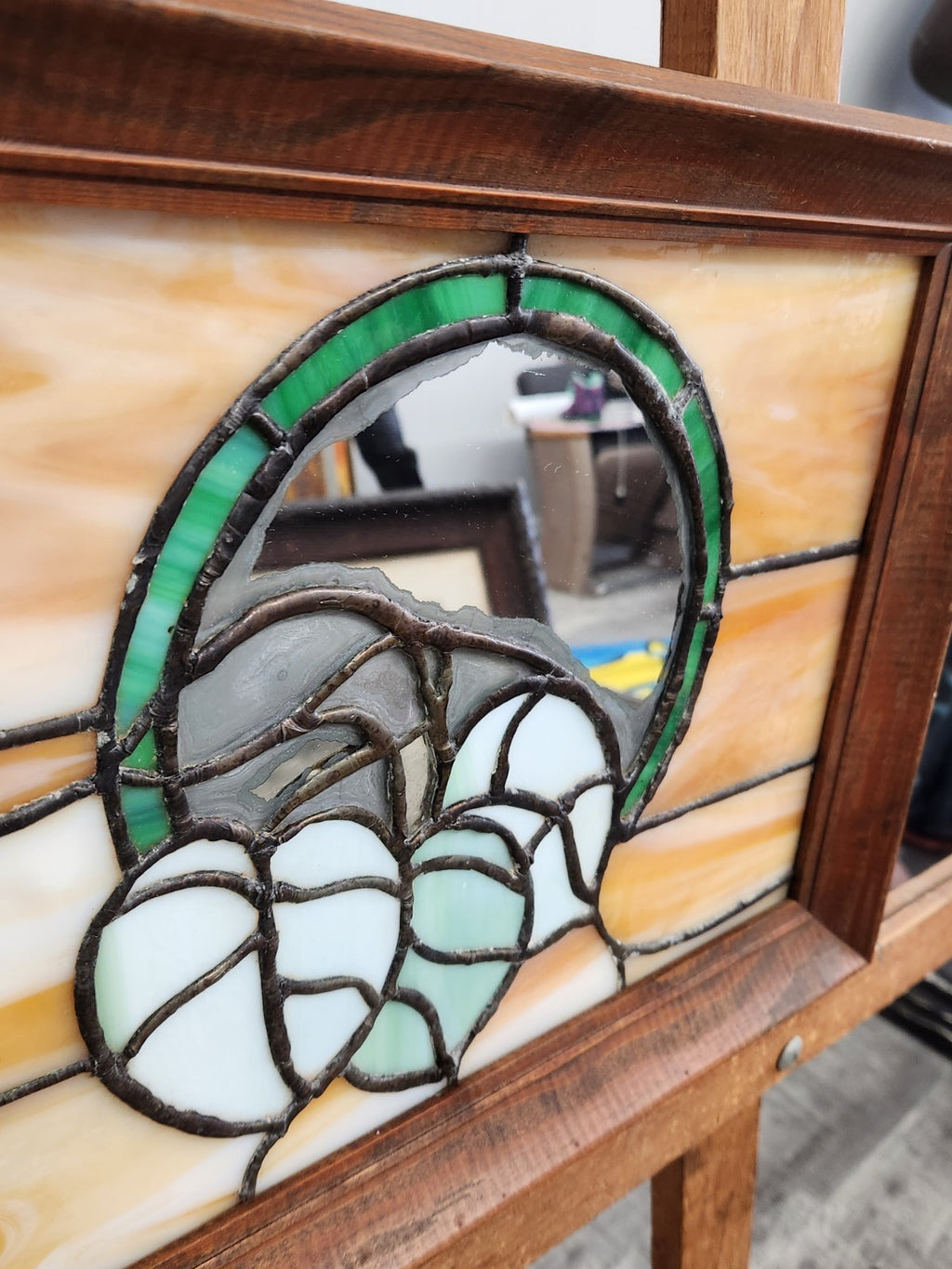 Vintage Stained Glass Leaf Panel Mirror Accent Wood Frame 16x12