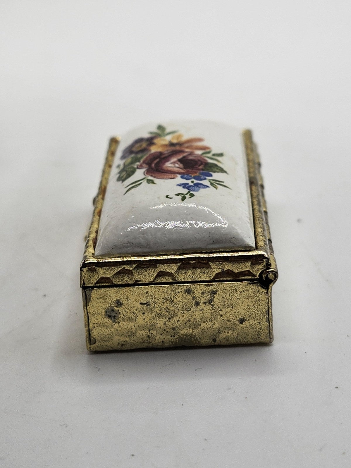 Vintage Rectangular Floral Enamel Trinket Pill Box Gold Tone Metal Small Decor