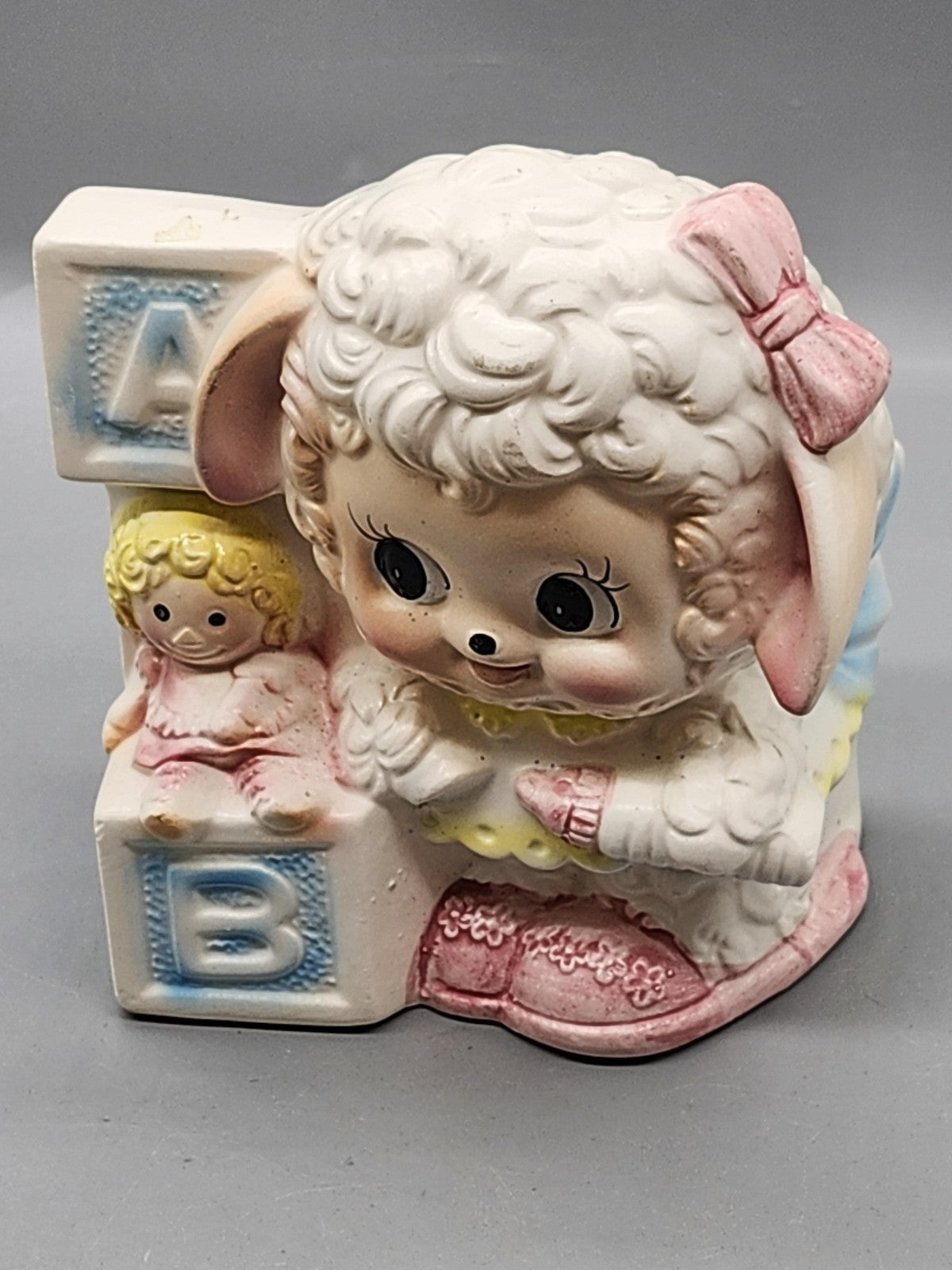 Vintage Napco White Ceramic Lamb Baby Blocks Planter Nursery Decor Japan