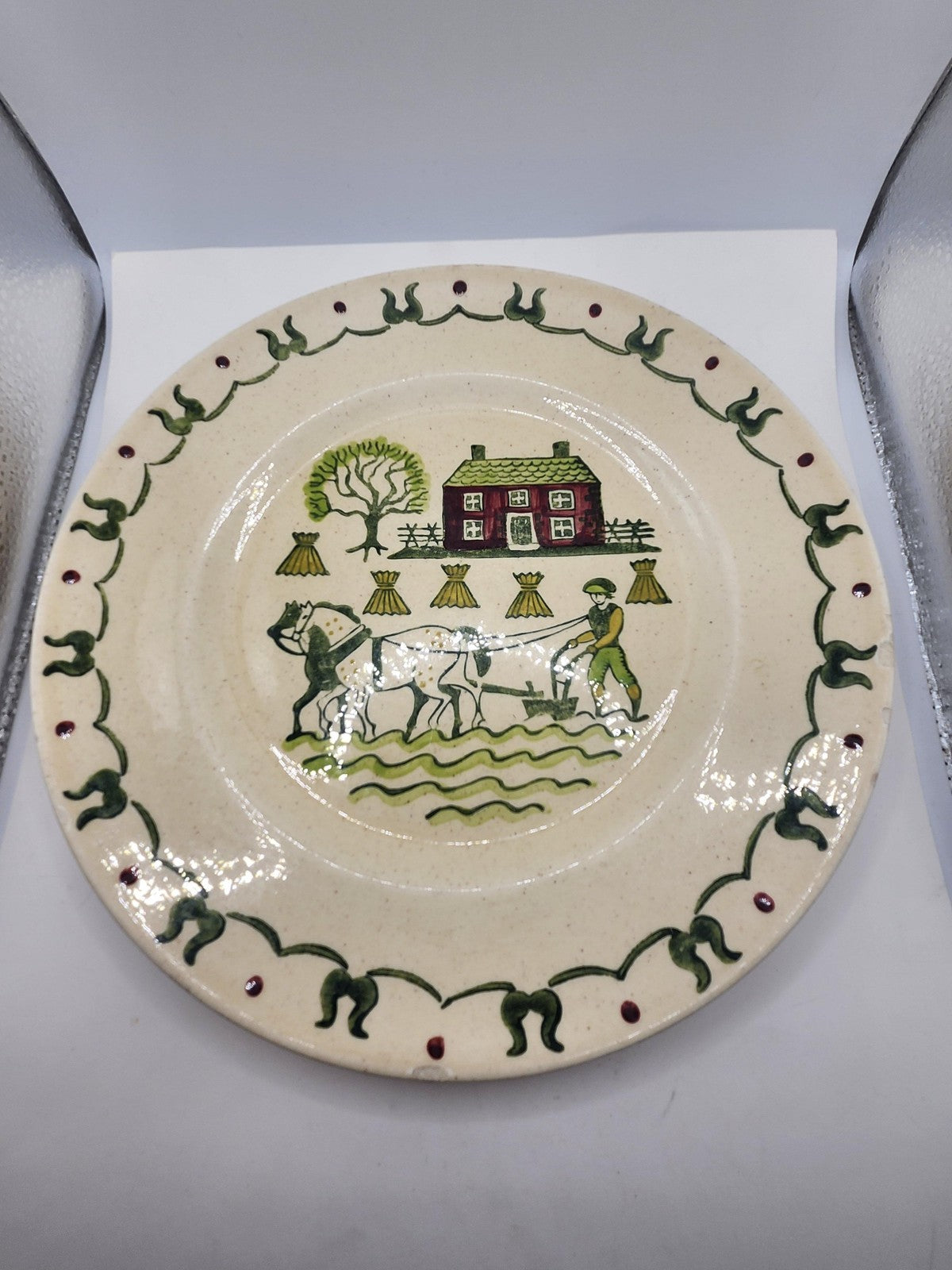 Vintage Unmarked Stoneware Dinner Plate Farm Scene Horse House Country Decor