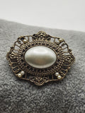 Gold Tone Faux Pearl Brooch Pin Oval Filigree Flower Costume Jewelry Gift