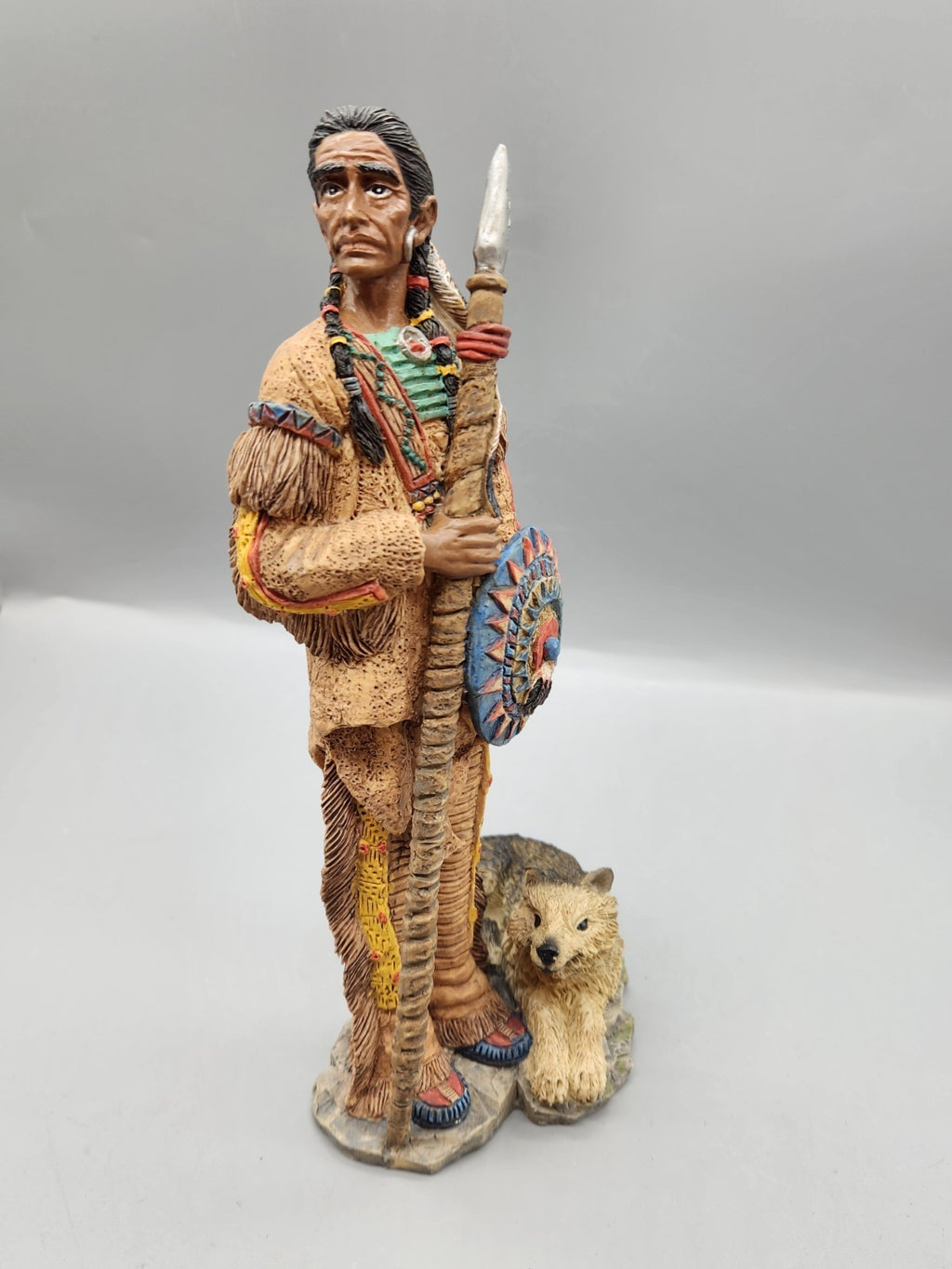 Vintage Native American Warrior Statue Figurine Spear Shield Wolf Resin 22”...