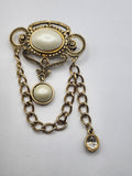 Gold Tone Faux Pearl Brooch Pin Chain Dangle Clear Rhinestone Costume Jewelry