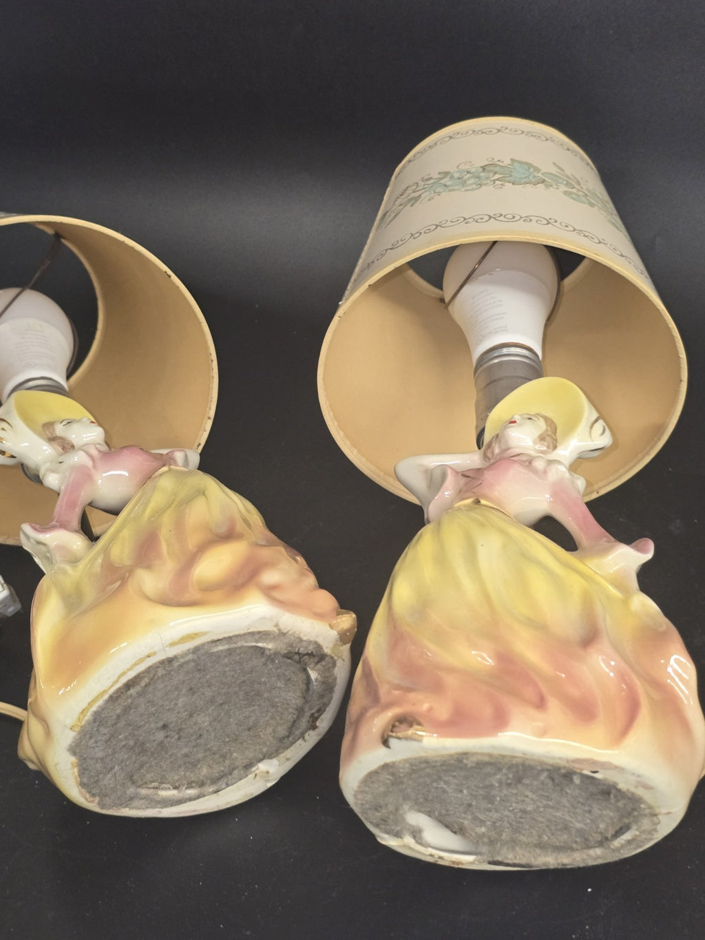 Vintage Pair Ceramic Lady Figurine Table Lamps w/ Original Shades Pink Yellow...