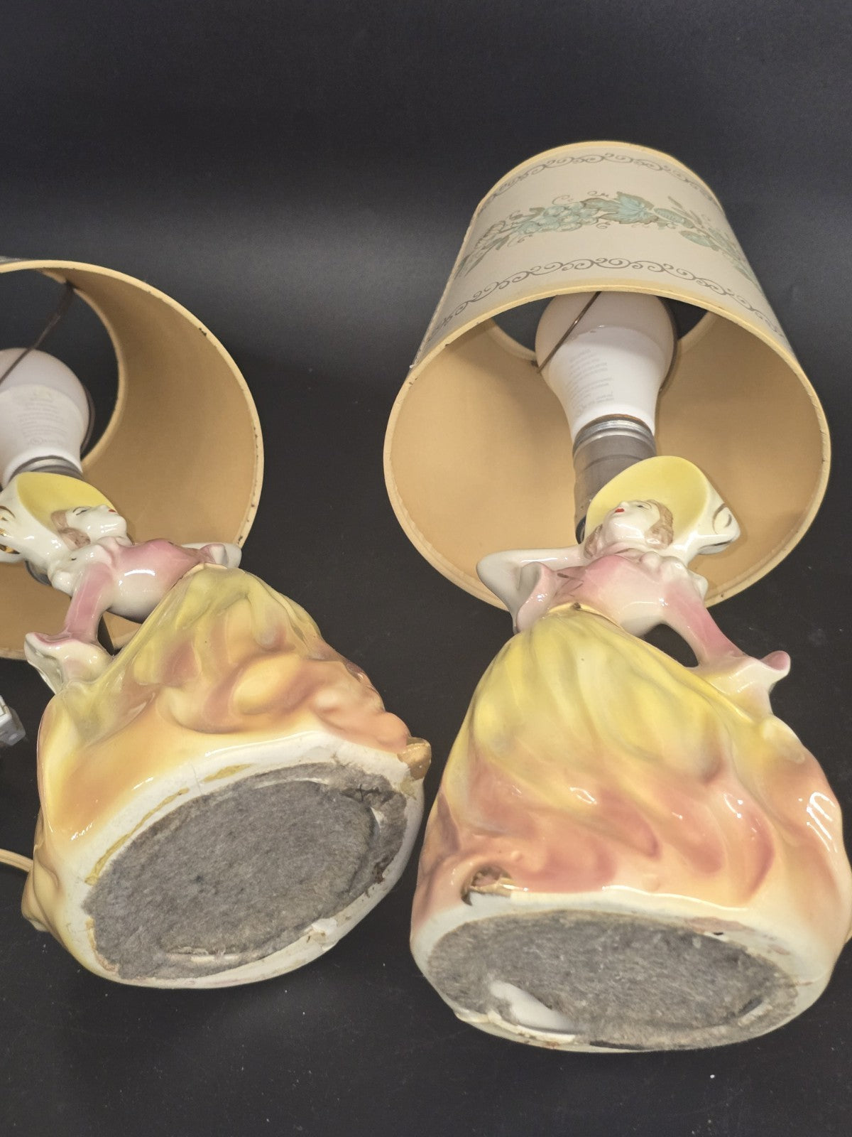 Vintage Pair Ceramic Lady Figurine Table Lamps w/ Original Shades Pink Yellow...