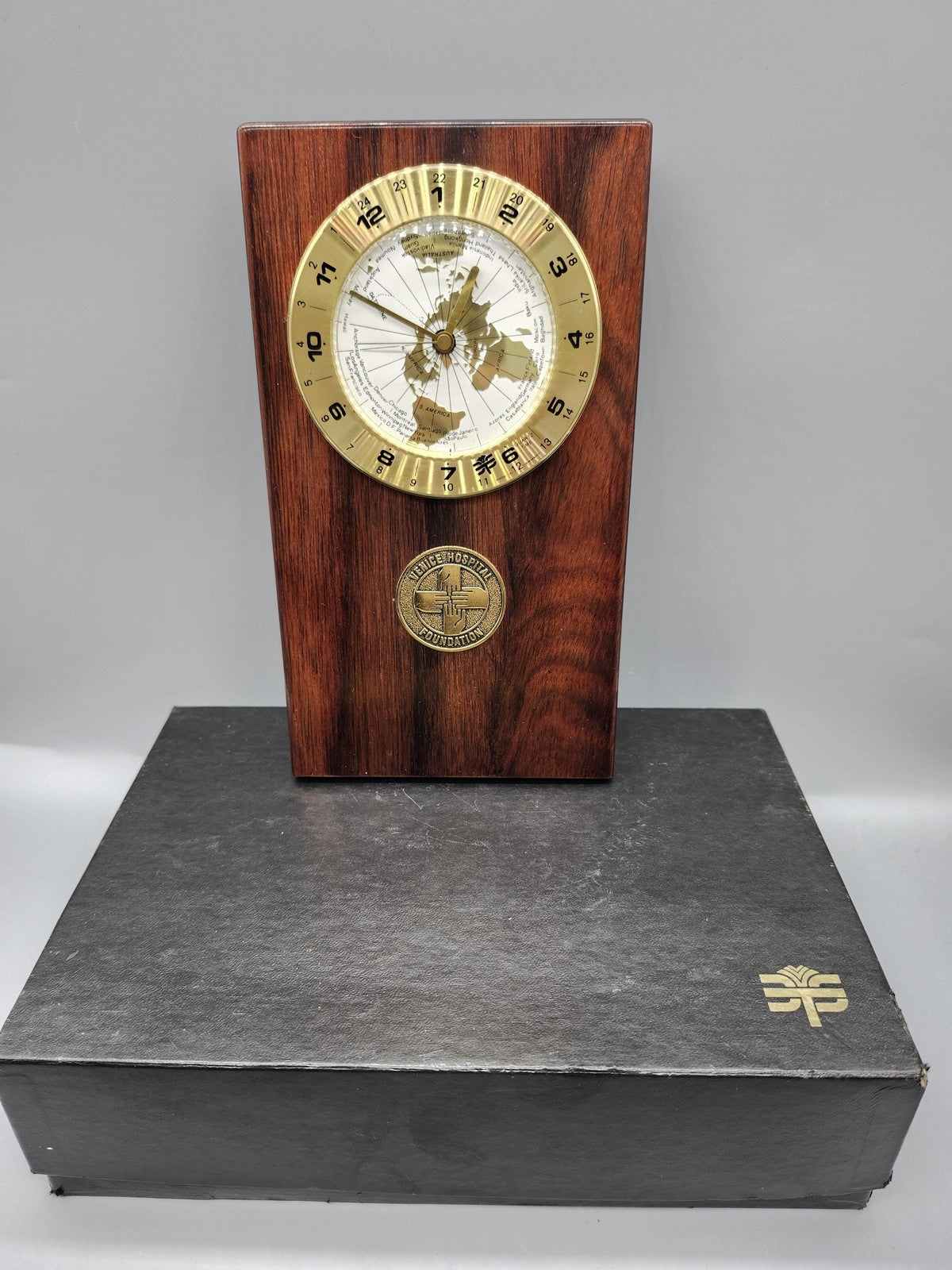 Vintage PS-Group World Time Desk Clock Brown Wood Plaque Brass Germany Decor
