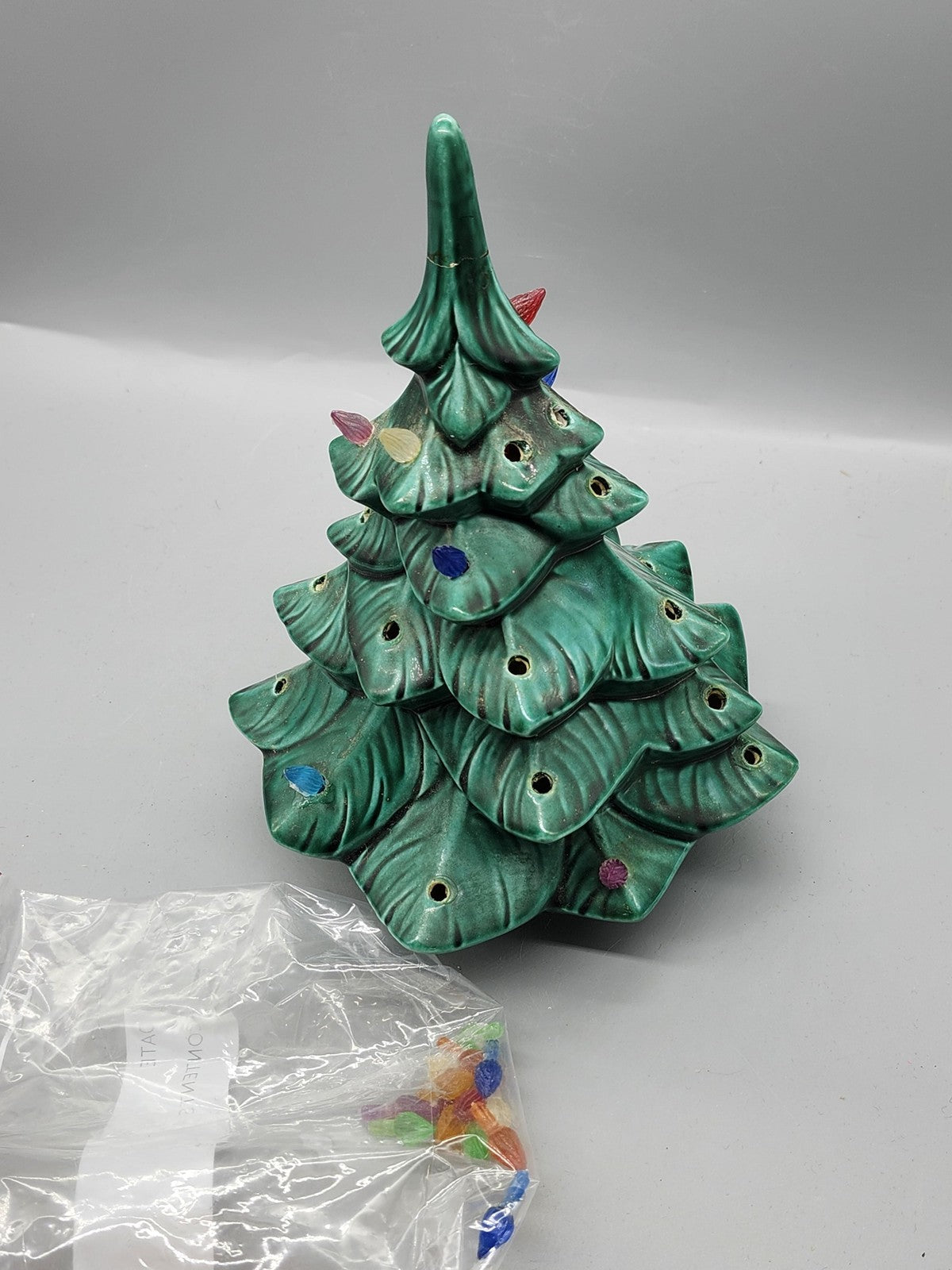 Vintage 1974 GARE Inc Green Ceramic Christmas Tree Figurine Medium Lights Bulbs
