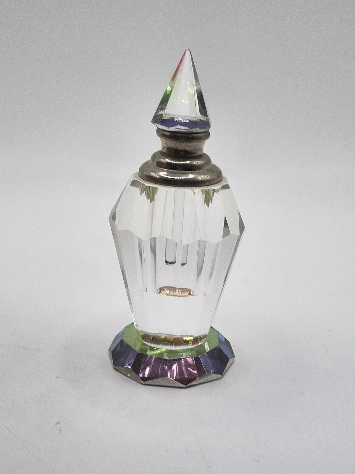 Vintage Cut Glass Perfume Bottle Prism Stopper Rainbow Base Vanity Decor Faceted