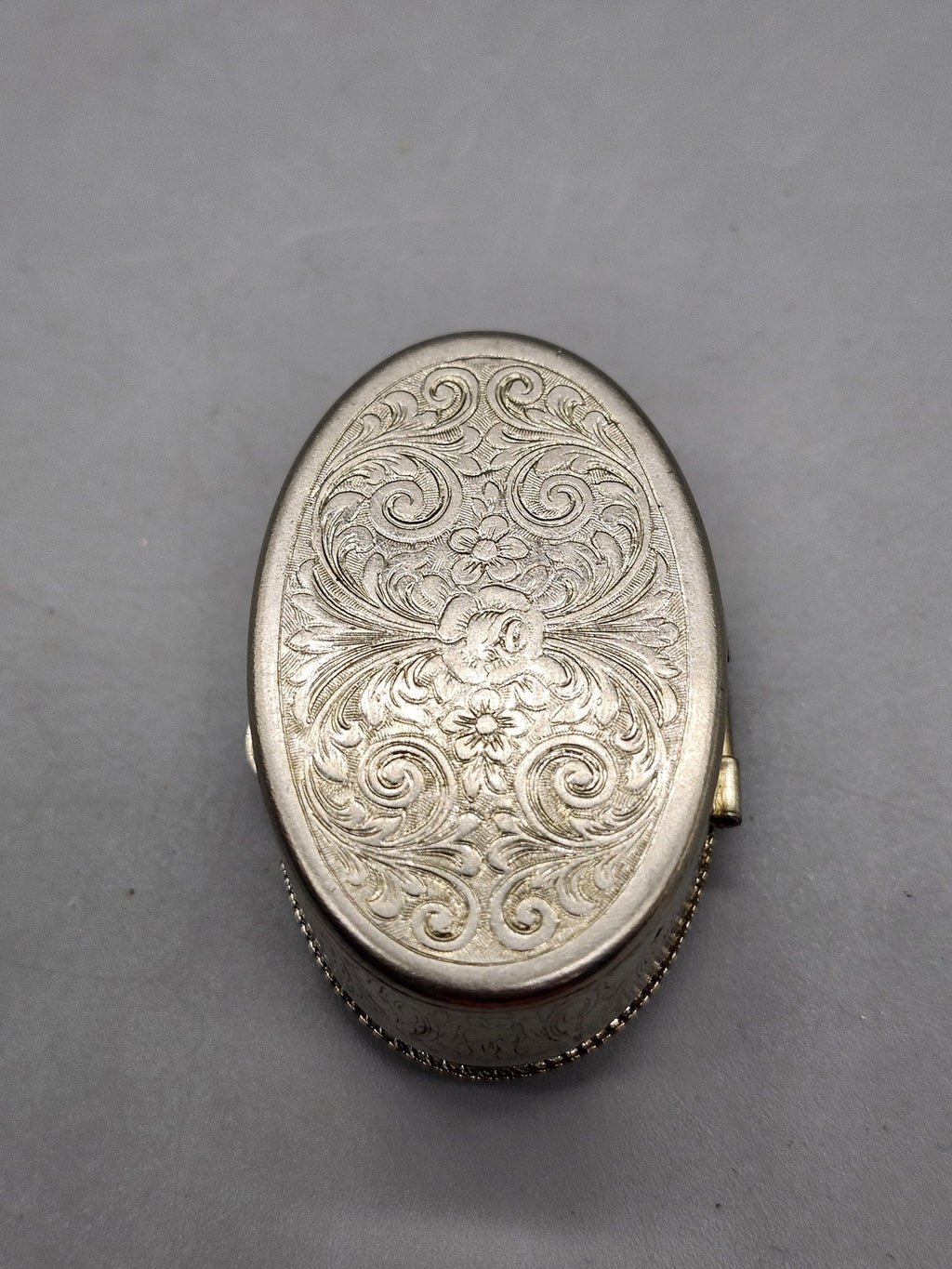 Vintage Oval Floral Porcelain Trinket Pill Box Silver Tone Engraved Jewelry