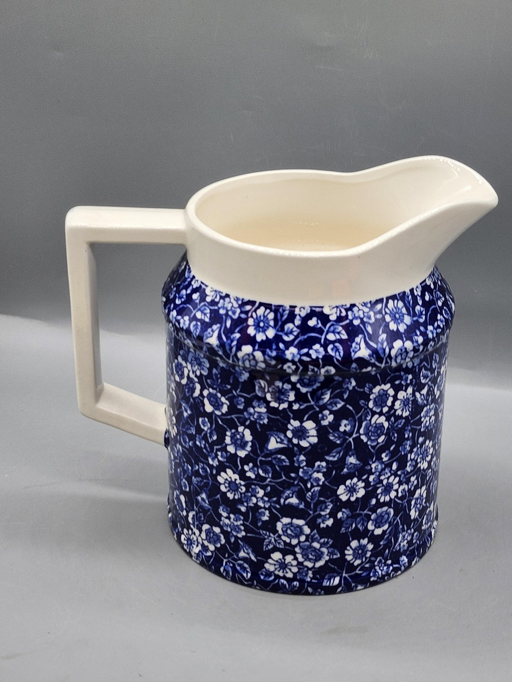 Colonial Calico Blue Floral Ceramic Pitcher Medium Glossy Handle Tabletop Decor