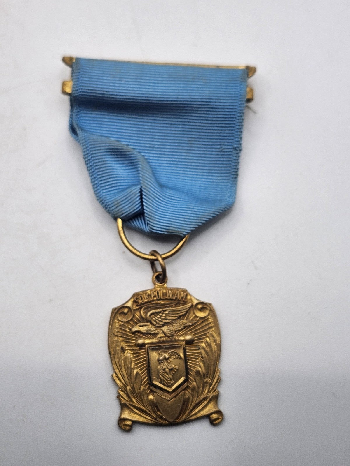 Vintage Metal Arts Co Eagle School Award Medal Blue Ribbon Gold Tone USA Decor