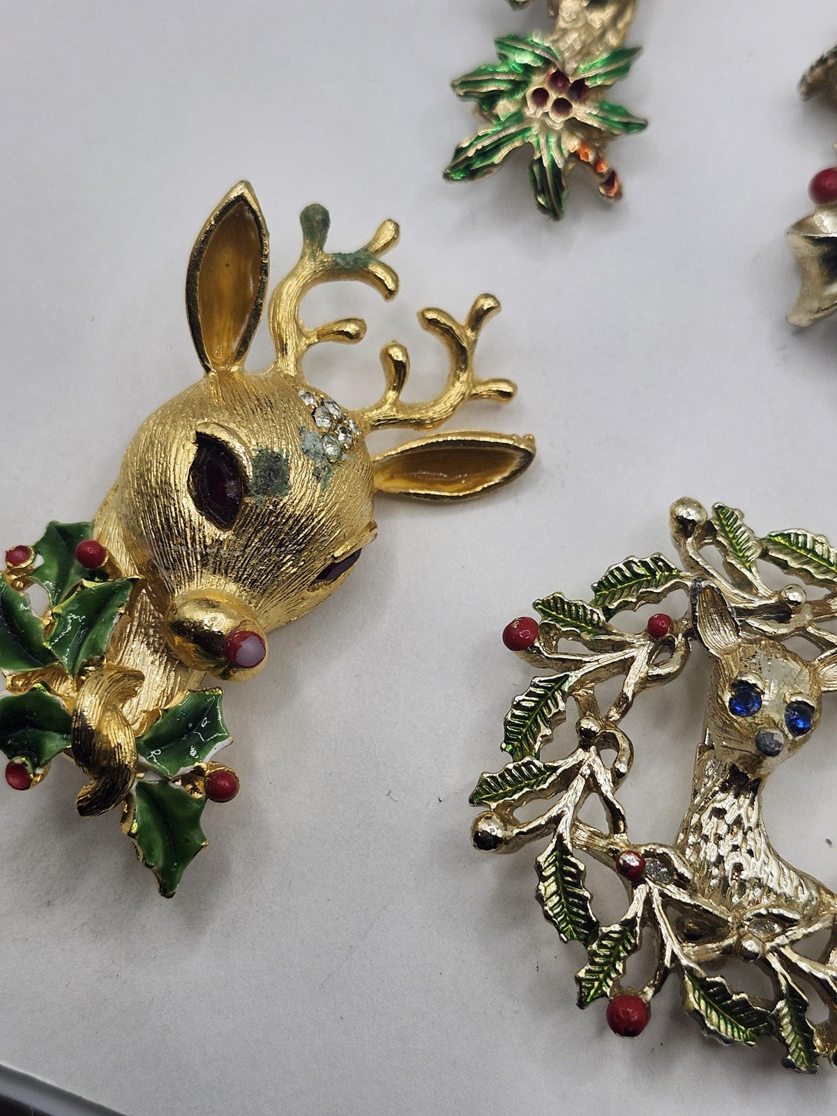 Christmas Reindeer Brooch Pin Lot Gold Tone Enamel Rhinestone Holiday Jewelry