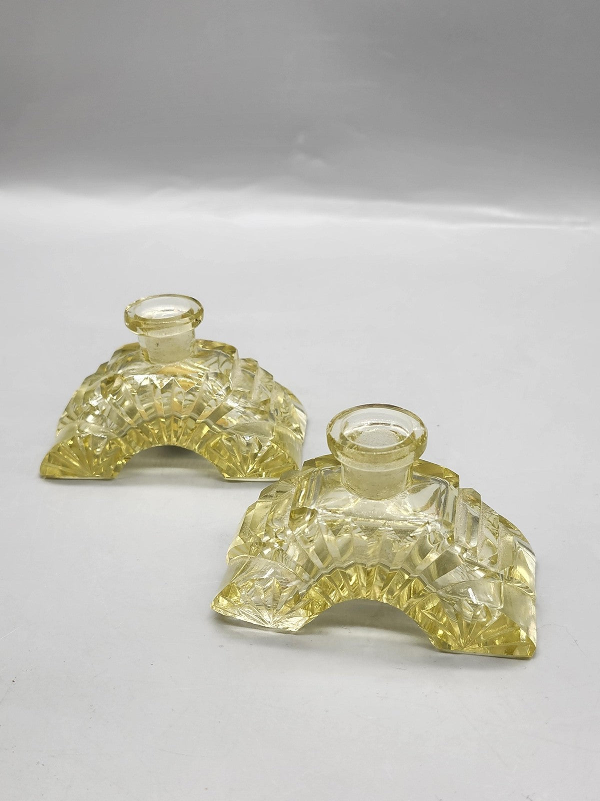 Morlee Crystal Candle Holder Pair Small Yellow Half Moon Art Deco Decor