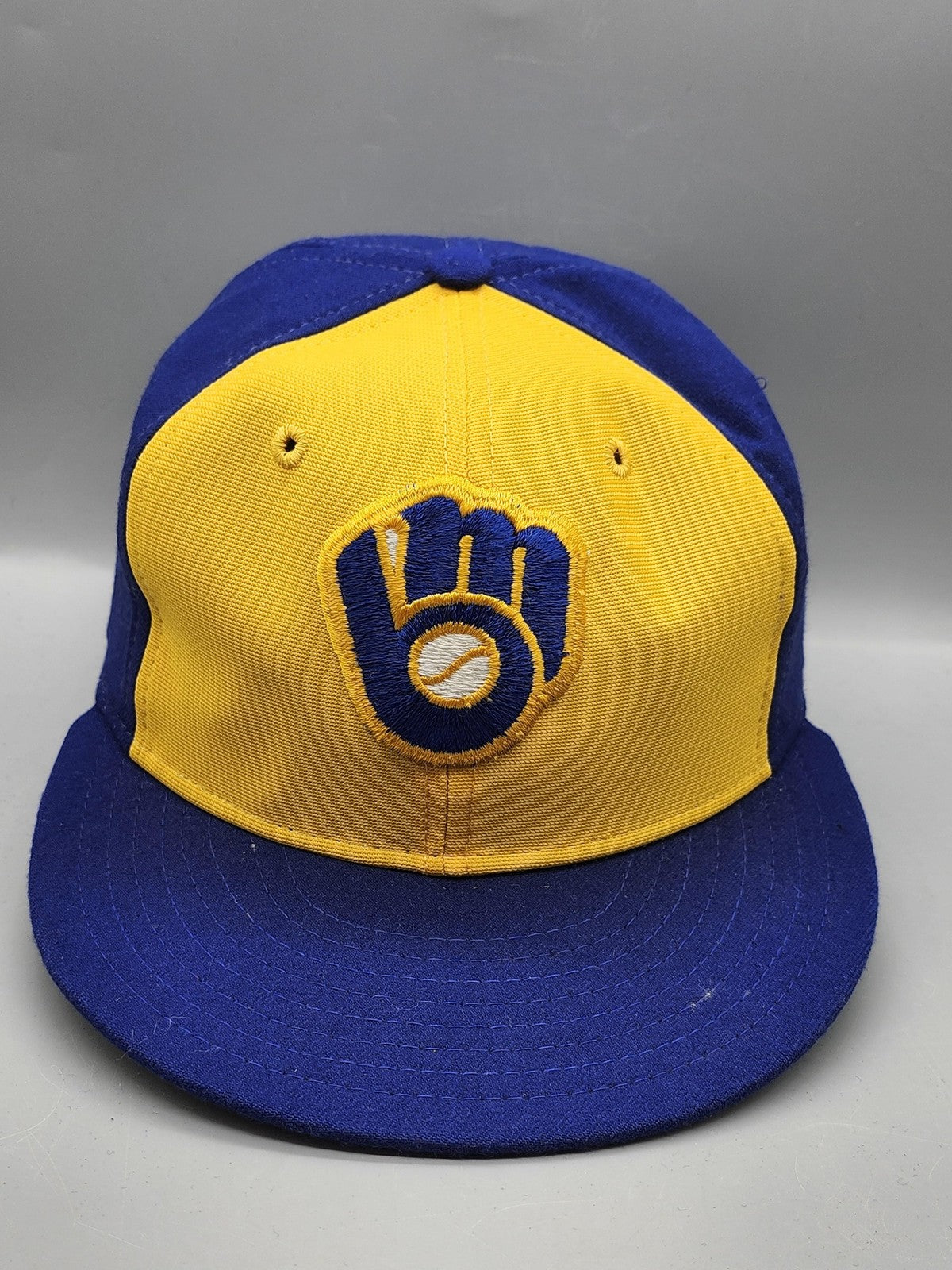 Vintage Milwaukee Brewers Hat Cap Fitted MLB Baseball New Era Mens 7 Blue 80s
