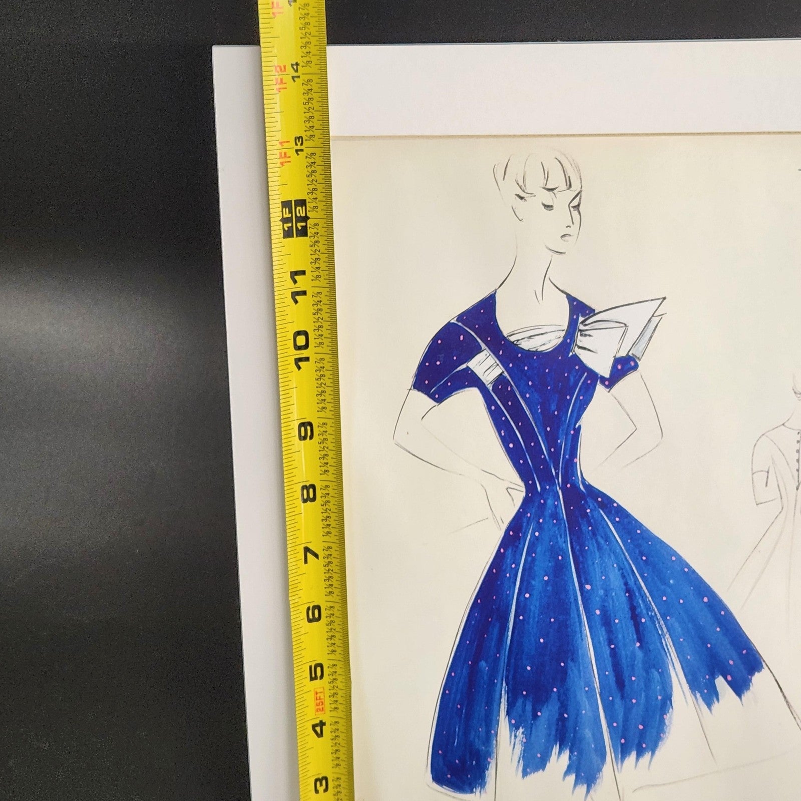 Woman Blue Dress Original Fashion Illustration Drawing Ink Pencil Matted Medium