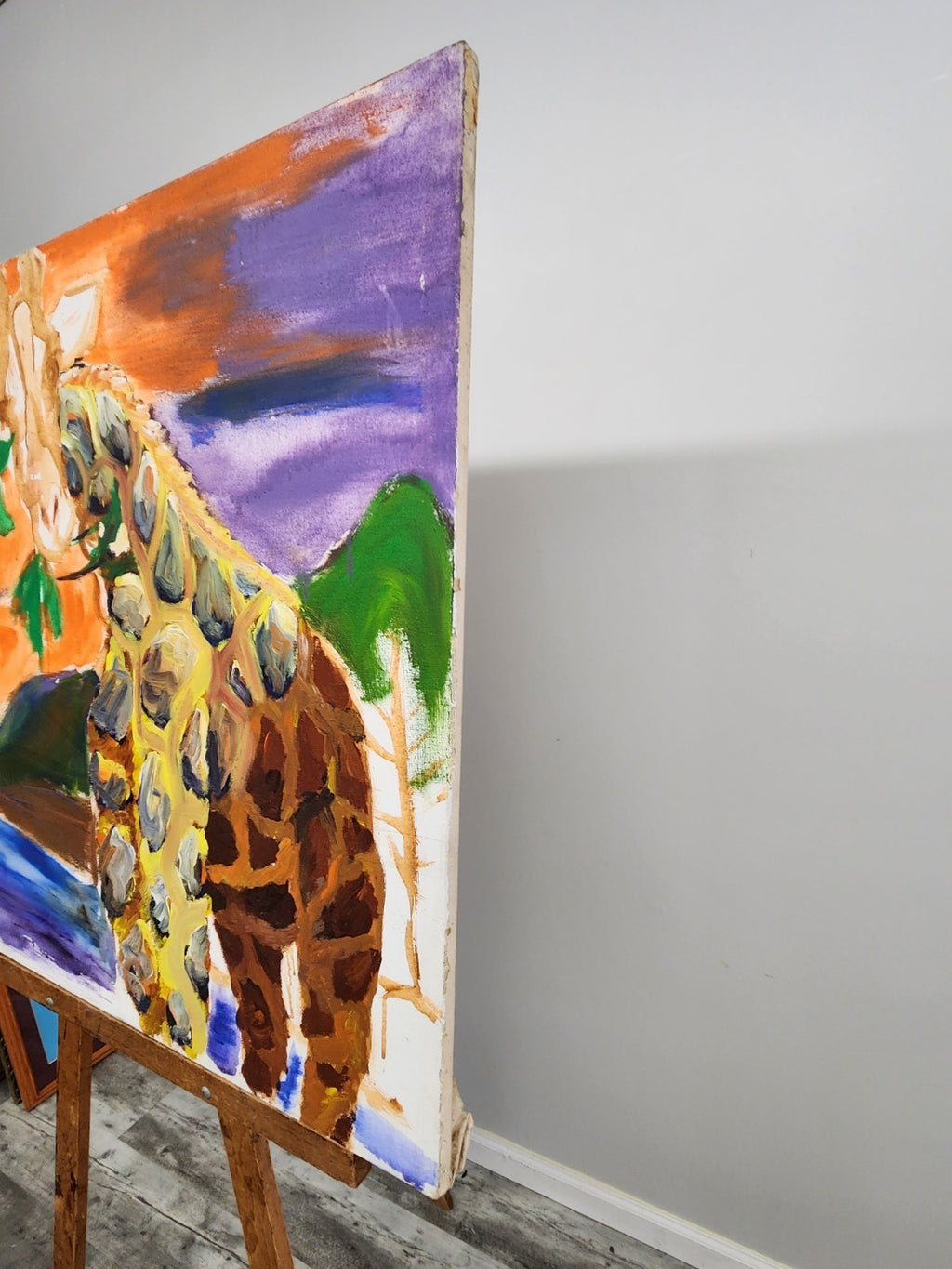 Vintage Unfinished Original Giraffe Acrylic Painting on Canvas 44x38 Abstract...
