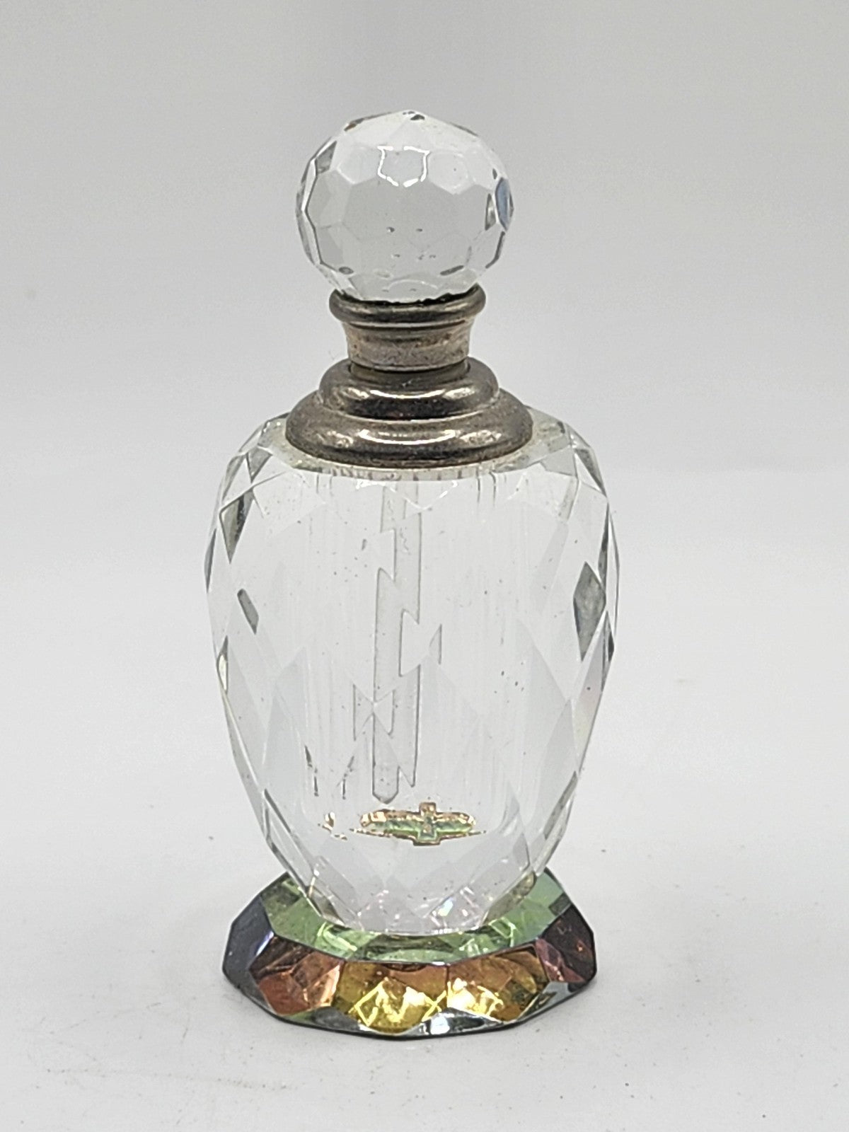 Vintage Clear Cut Glass Perfume Bottle Faceted Stopper Rainbow Base Vanity Decor