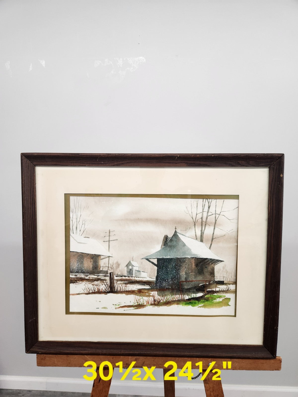 Vintage Winter Farmhouse Watercolor Framed Landscape Painting 30½” x 24½”