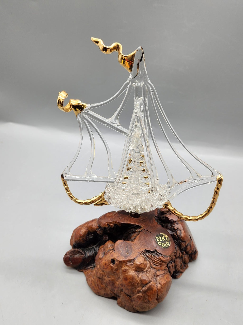 Vintage Hand Blown Art Glass Sailboat Sculpture 22KT Gold Burl Wood Base MCM