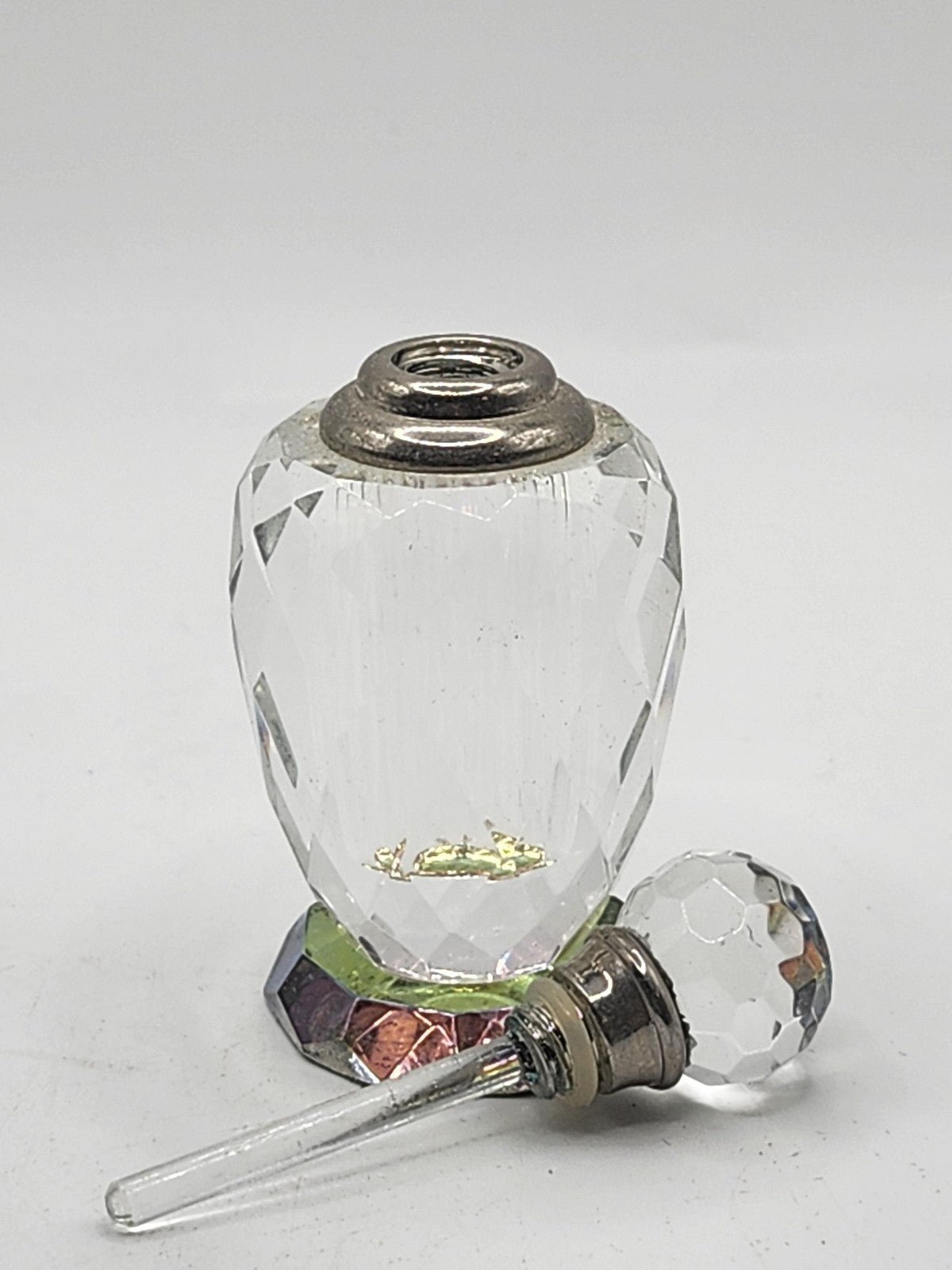 Vintage Clear Cut Glass Perfume Bottle Faceted Stopper Rainbow Base Vanity Decor