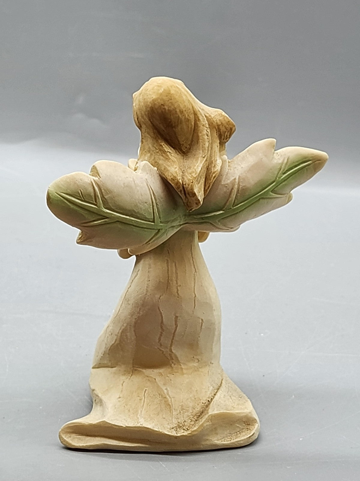 Kneeling Angel Figurine Small Beige Green Bird Floral Resin Rustic Home Decor