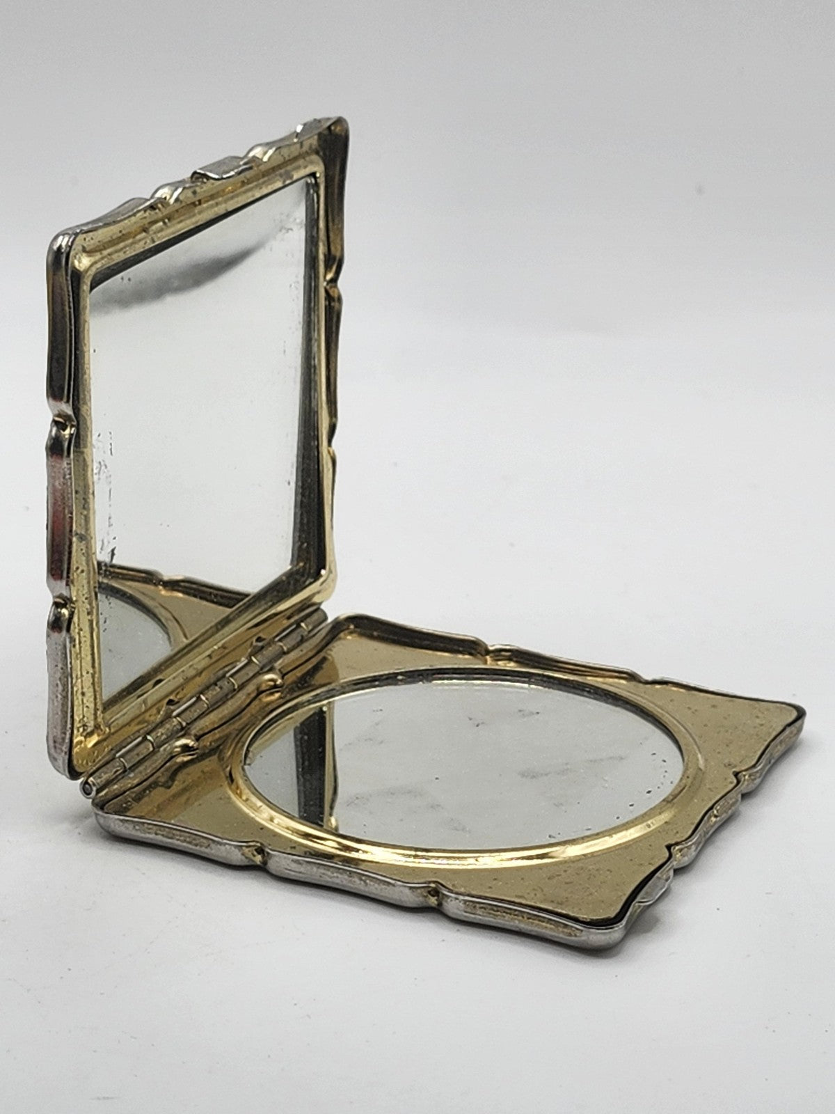 Vintage Japan Floral Compact Mirror Black Roses Gold Tone Makeup Purse Decor