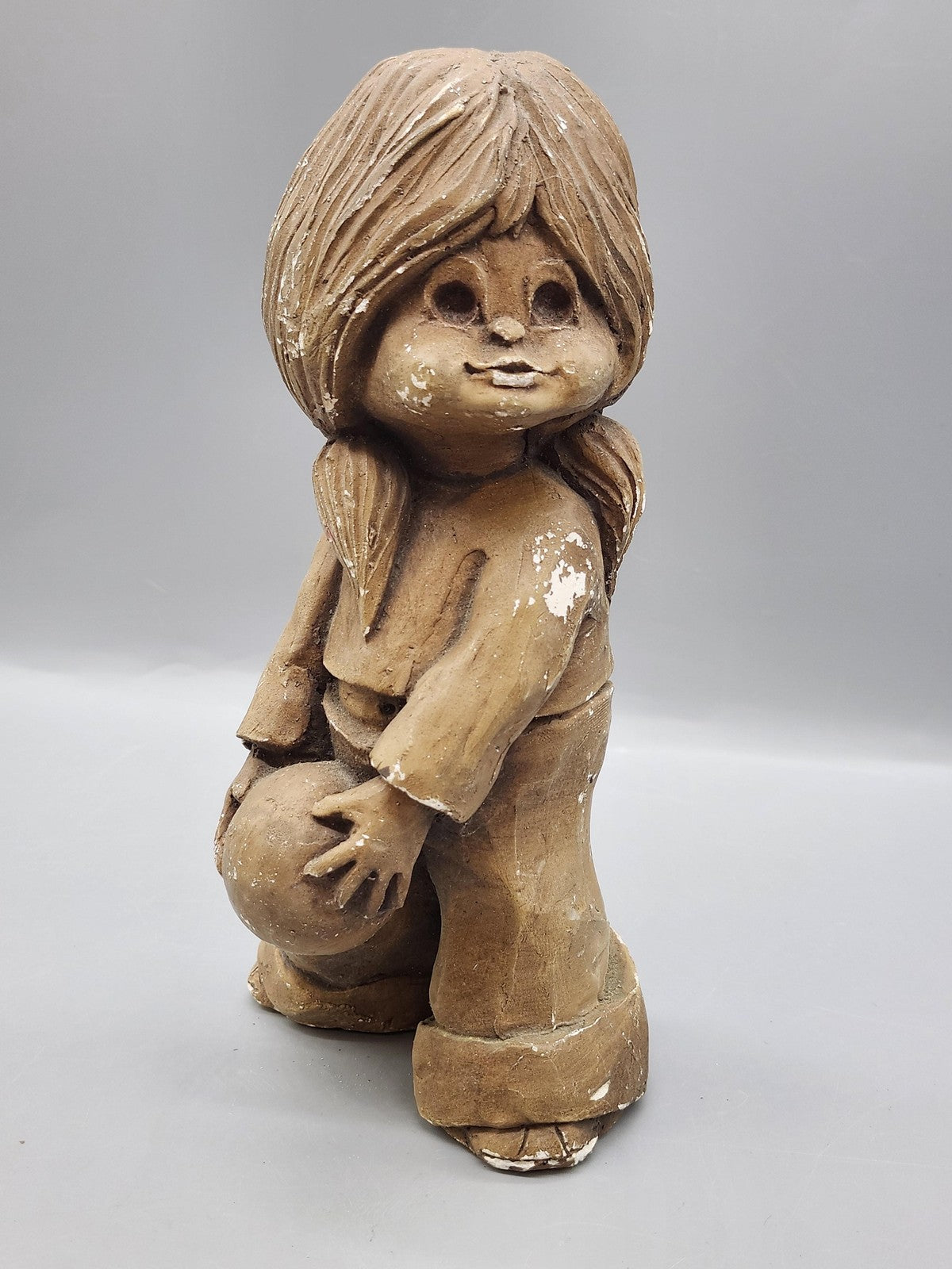 Vintage Unmarked Girl Figurine Chalk Medium Size Brown Hand Painted Ball Decor