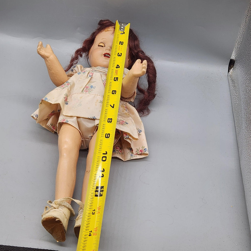 Vintage Composition Girl Doll 17 In Brown Hair Green Eyes Floral Dress Shoes