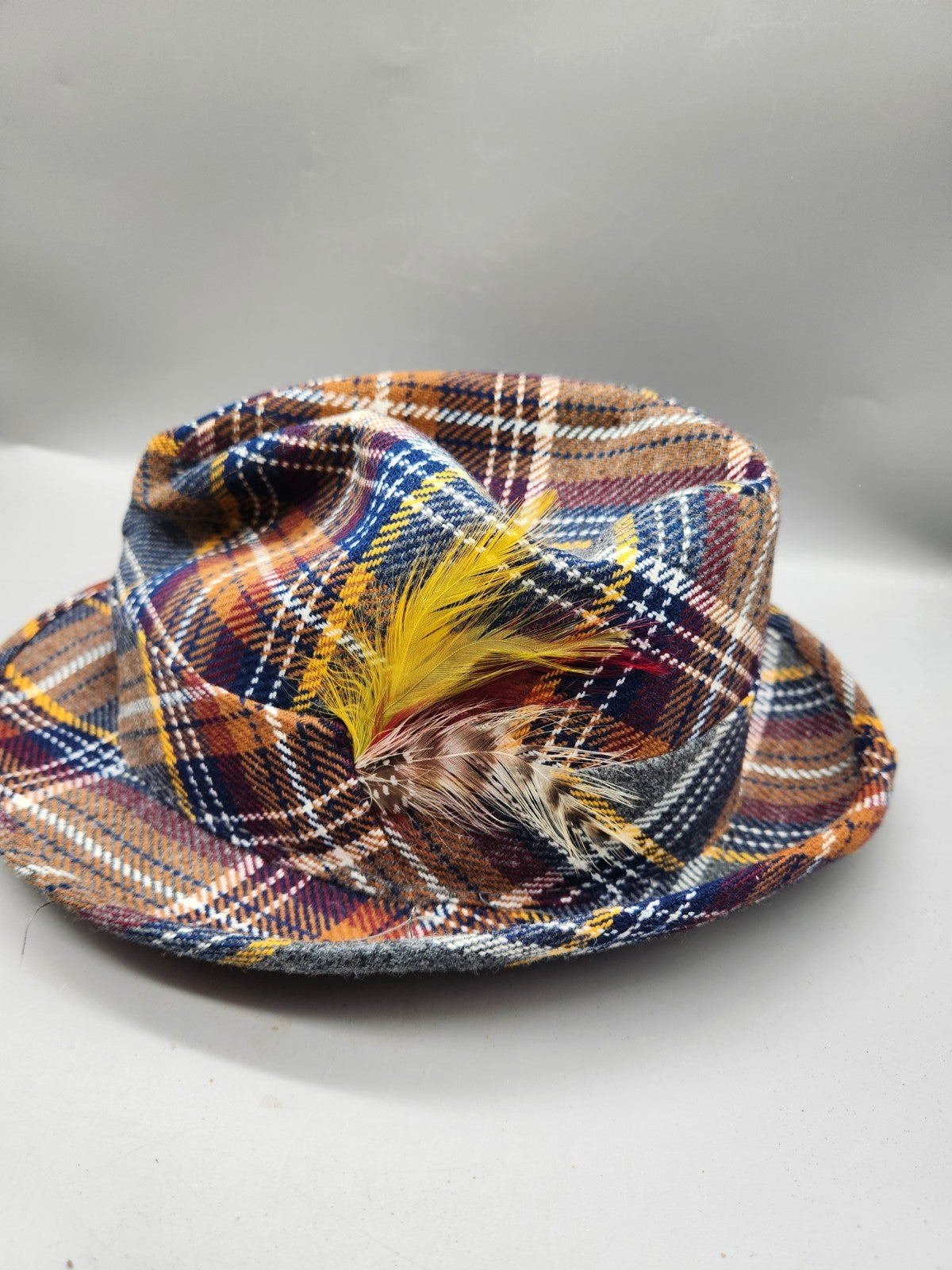 Vintage Plaid Fedora Hat Size 7 1/8 Brown Blue Yellow Tartan Trilby Style