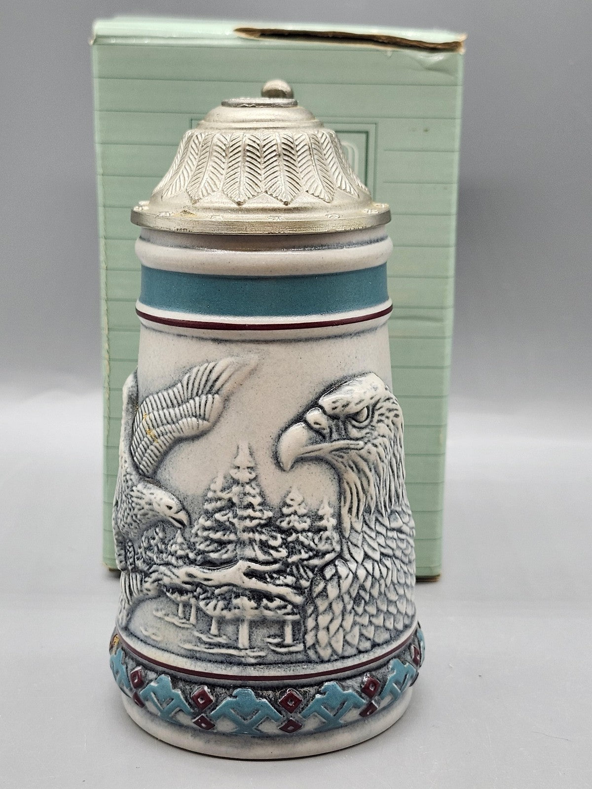 Vintage 1990 Avon Endangered Bald Eagle Lidded Stein White Brazil Wildlife Decor