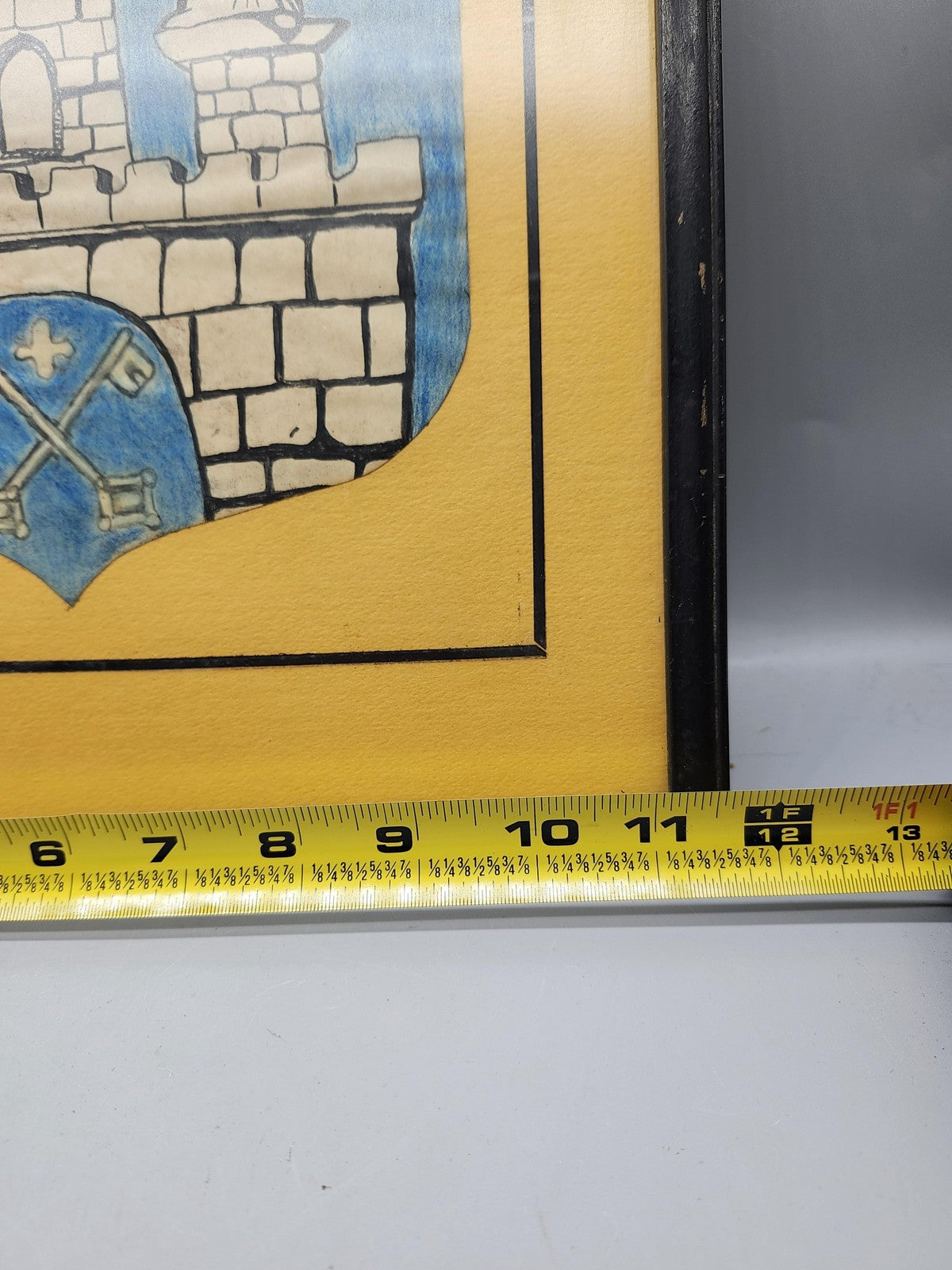 Vintage Blue Heraldic Coat Of Arms Castle Saints Watercolor Painting Framed
