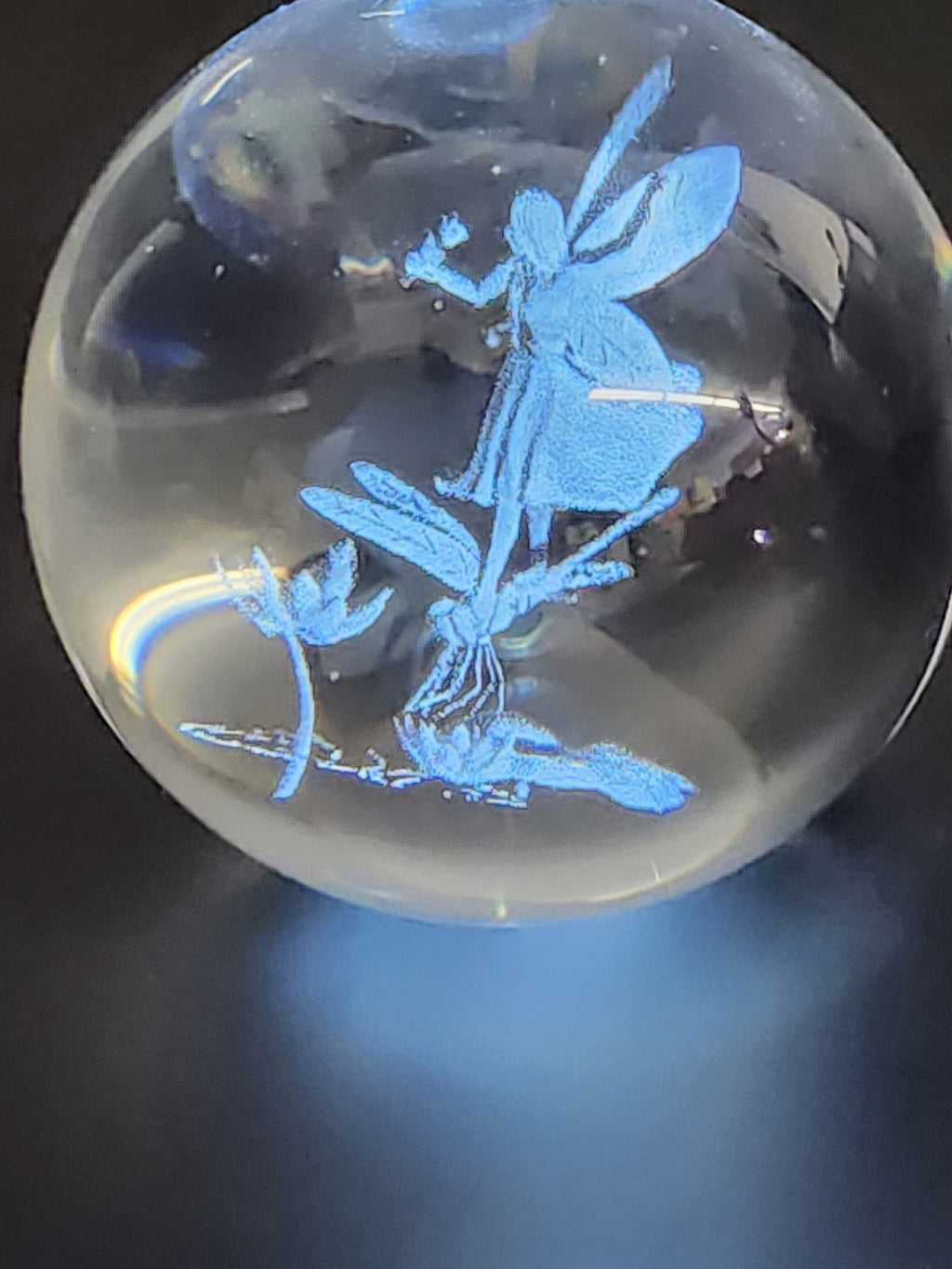 3D Laser Etched Crystal Ball Fairy Riding Dragonfly Paperweight 2.5"