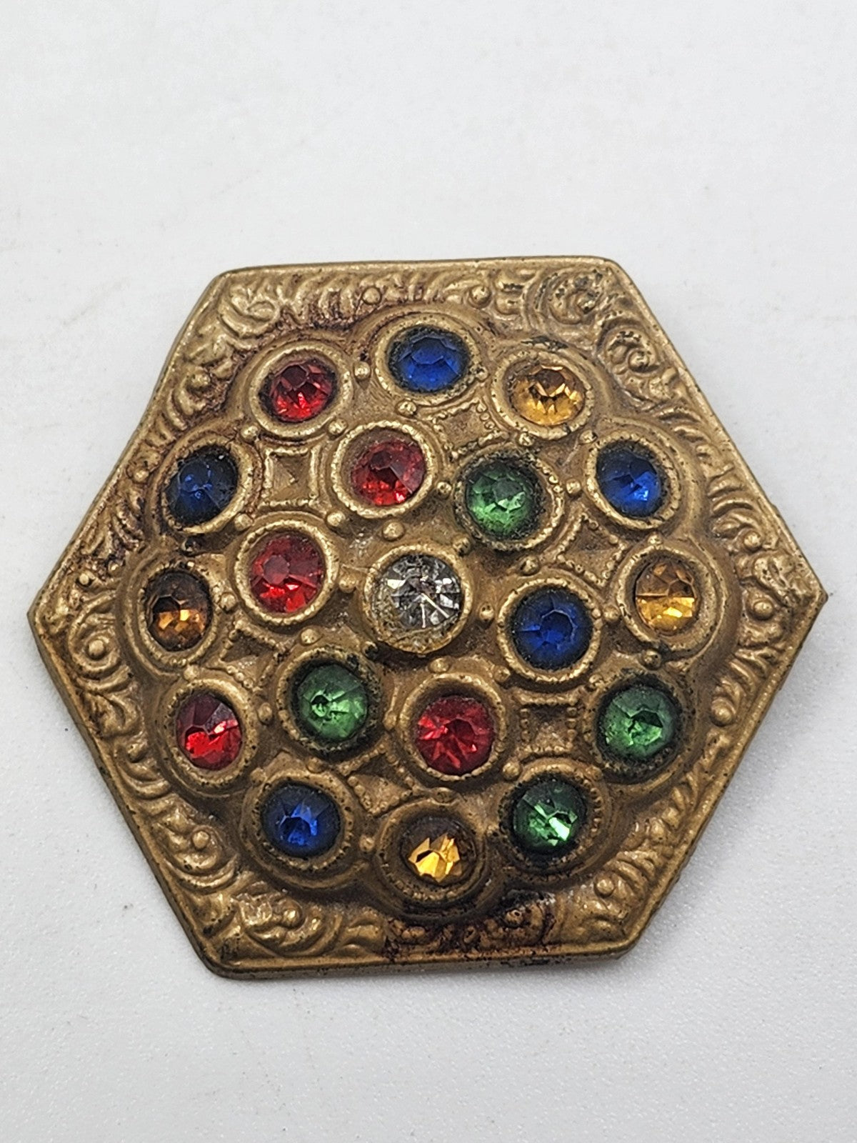 Vintage Hexagon Brooch Pin Gold Tone Multicolor Rhinestone Statement Jewelry