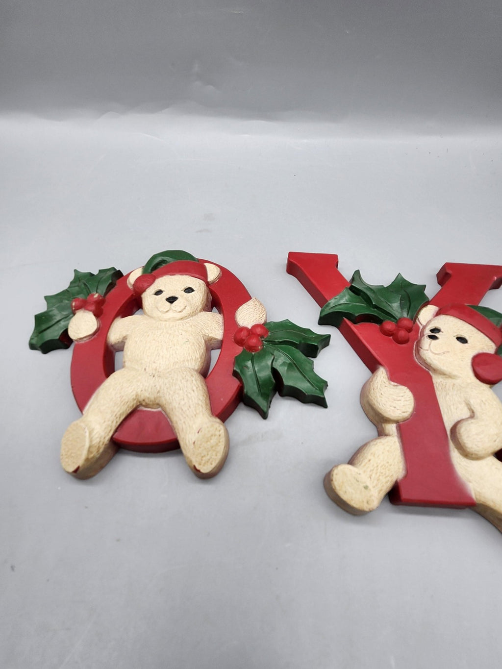 Homco JOY Teddy Bear Wall Plaque Set 3pc Red Green Plastic Christmas Decor